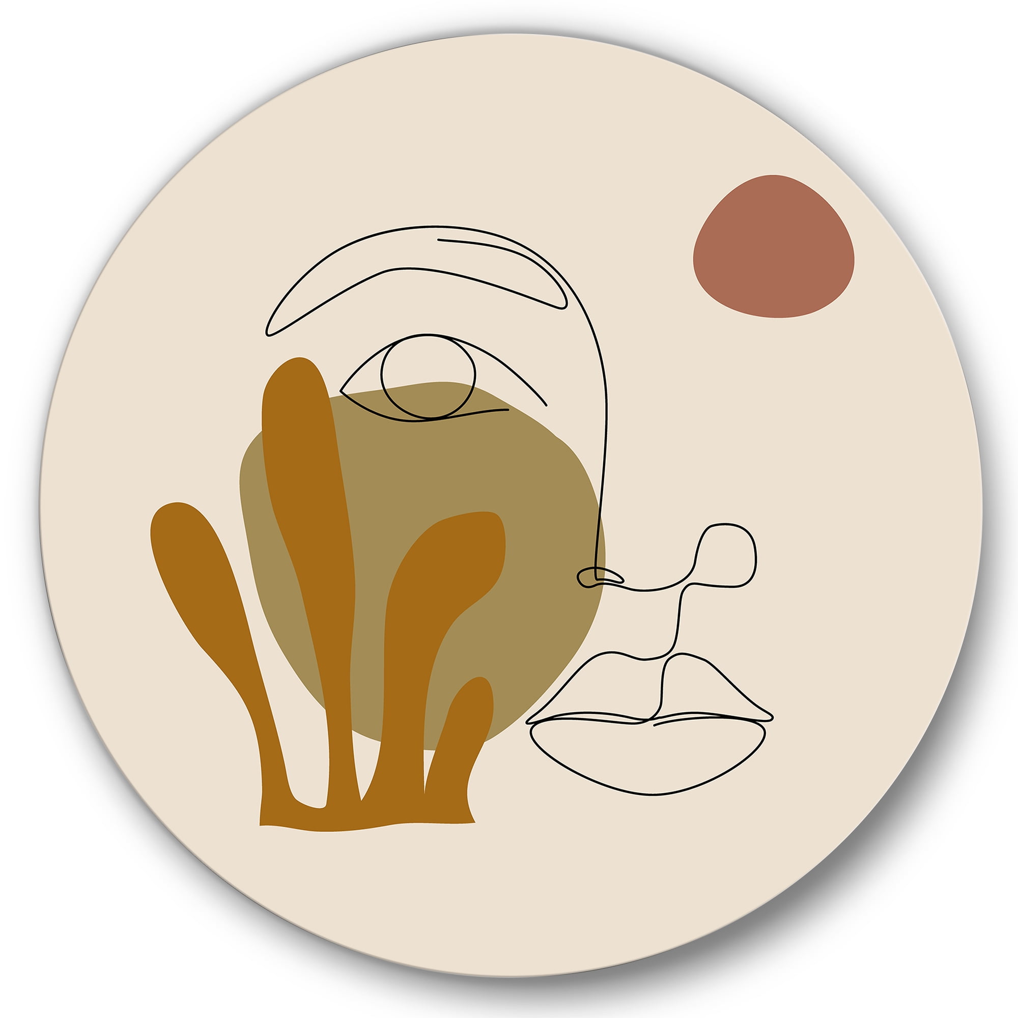 Designart 'One Line Art Portrait of Female In Terracotta Tones' Modern Circle Metal Wall Art 11x11 - Disc of 11
