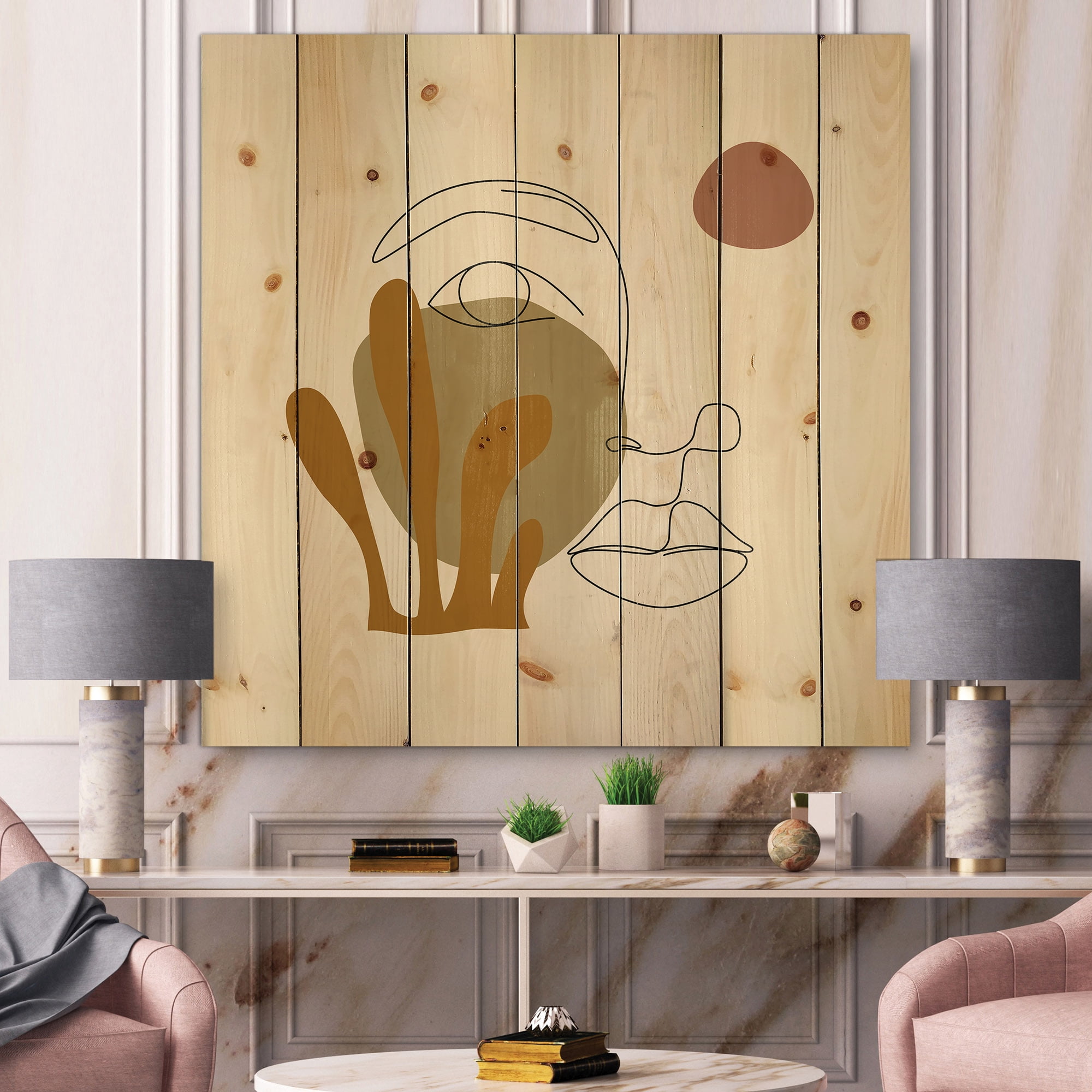 Designart 'One Line Art Portrait of Female In Terracotta Tones' Modern Print on Natural Pine Wood
