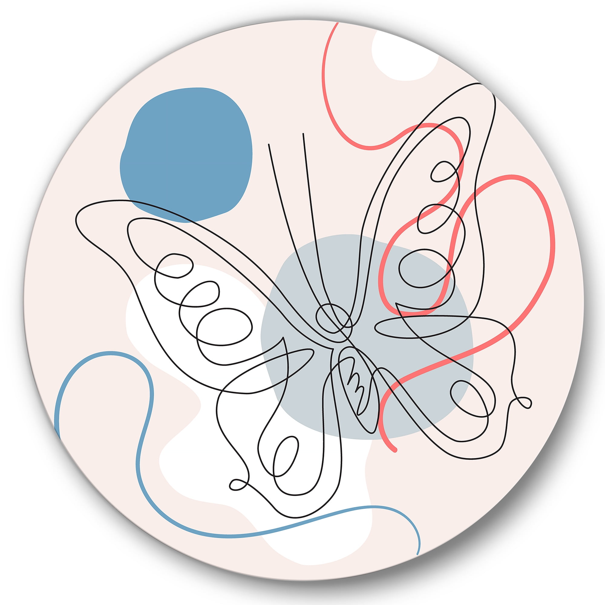 Designart 'One Line Butterfly Drawing On Cubism Shapes III' Modern Circle Metal Wall Art 23x23 - Disc of 23