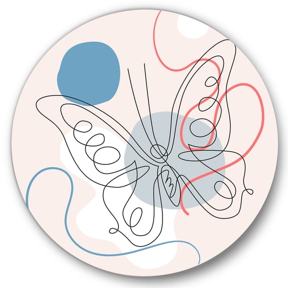 Designart 'One Line Butterfly Drawing On Cubism Shapes III' Modern Circle Metal Wall Art 36x36 - Disc of 36
