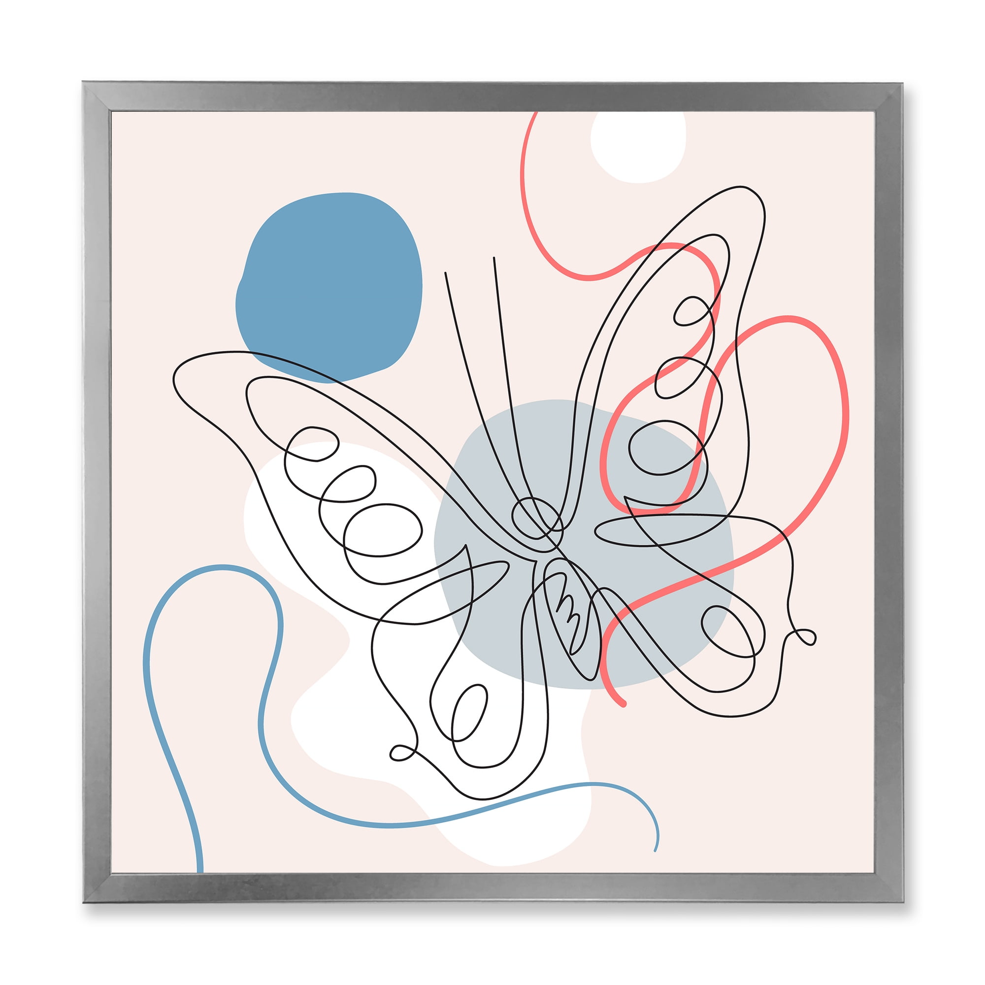 Designart 'One Line Butterfly Drawing On Cubism Shapes III' Modern Framed Art Print