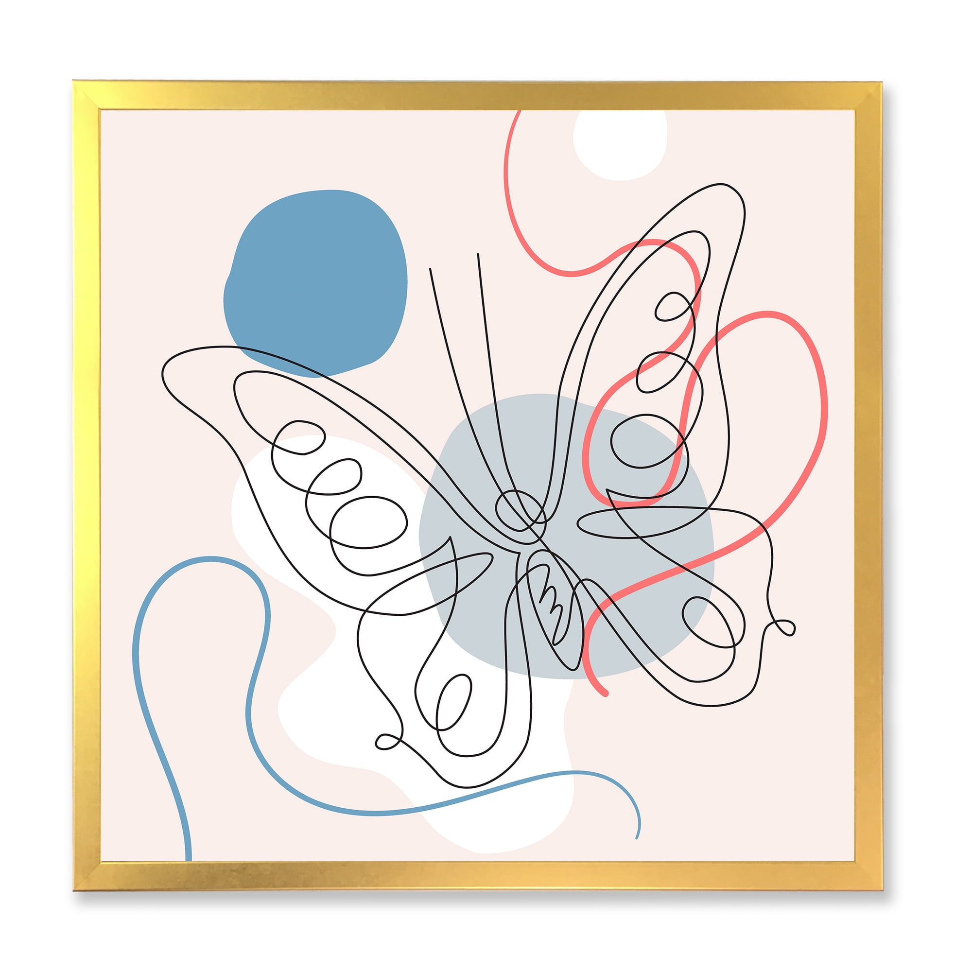Designart 'One Line Butterfly Drawing On Cubism Shapes III' Modern Framed Art Print