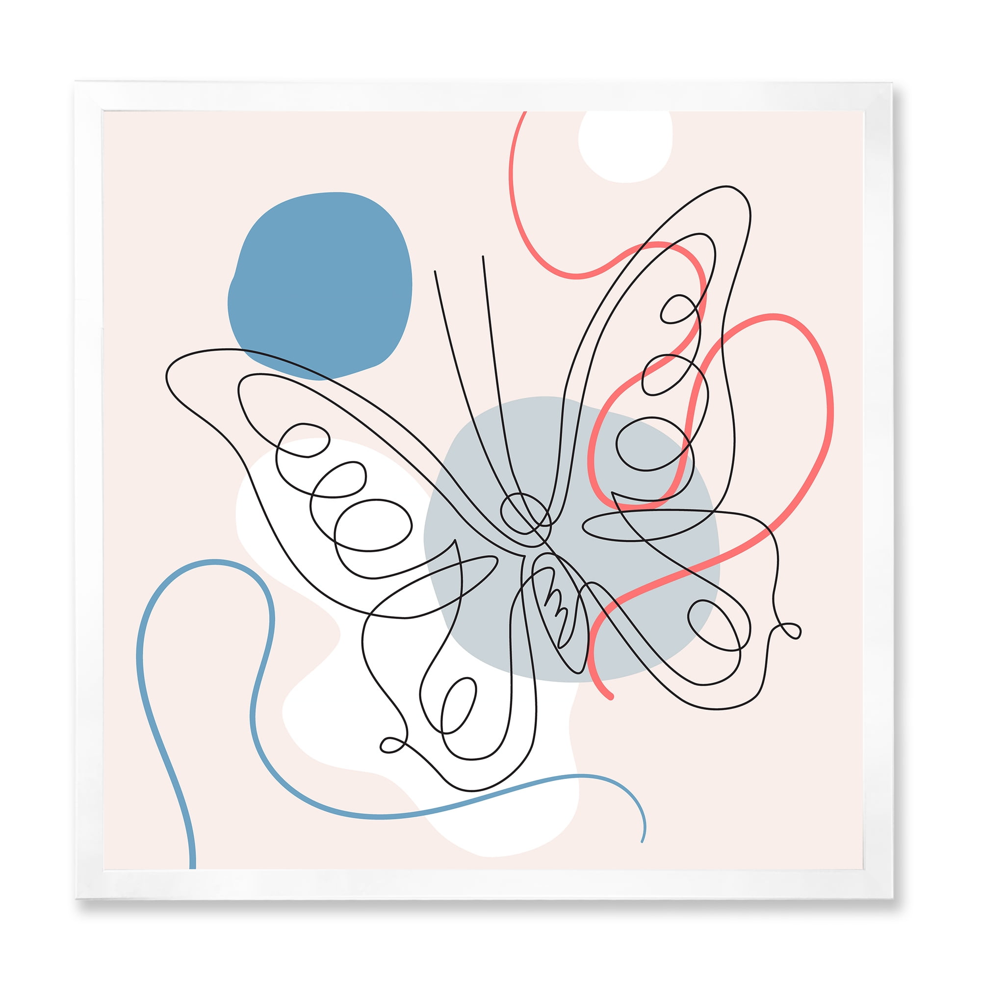 Designart 'One Line Butterfly Drawing On Cubism Shapes III' Modern Framed Art Print