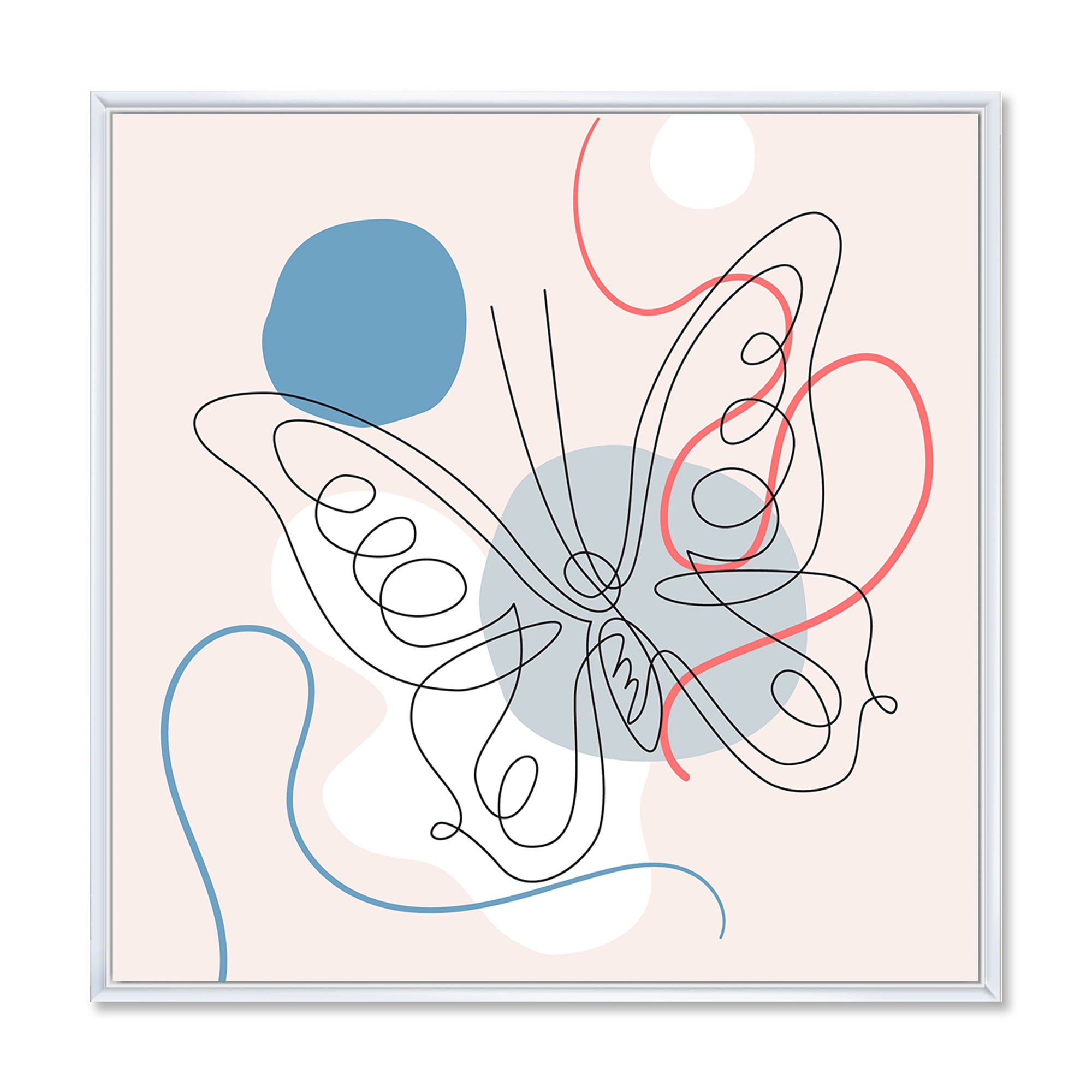 Designart 'One Line Butterfly Drawing On Cubism Shapes III' Modern Framed Canvas Wall Art Print