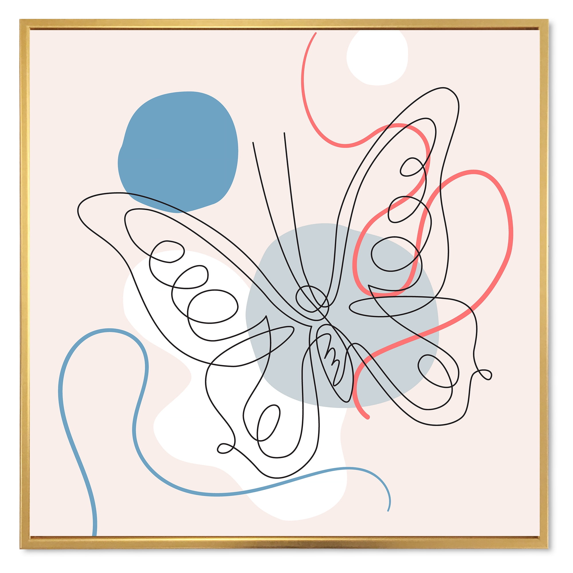 Designart 'One Line Butterfly Drawing On Cubism Shapes III' Modern Framed Canvas Wall Art Print