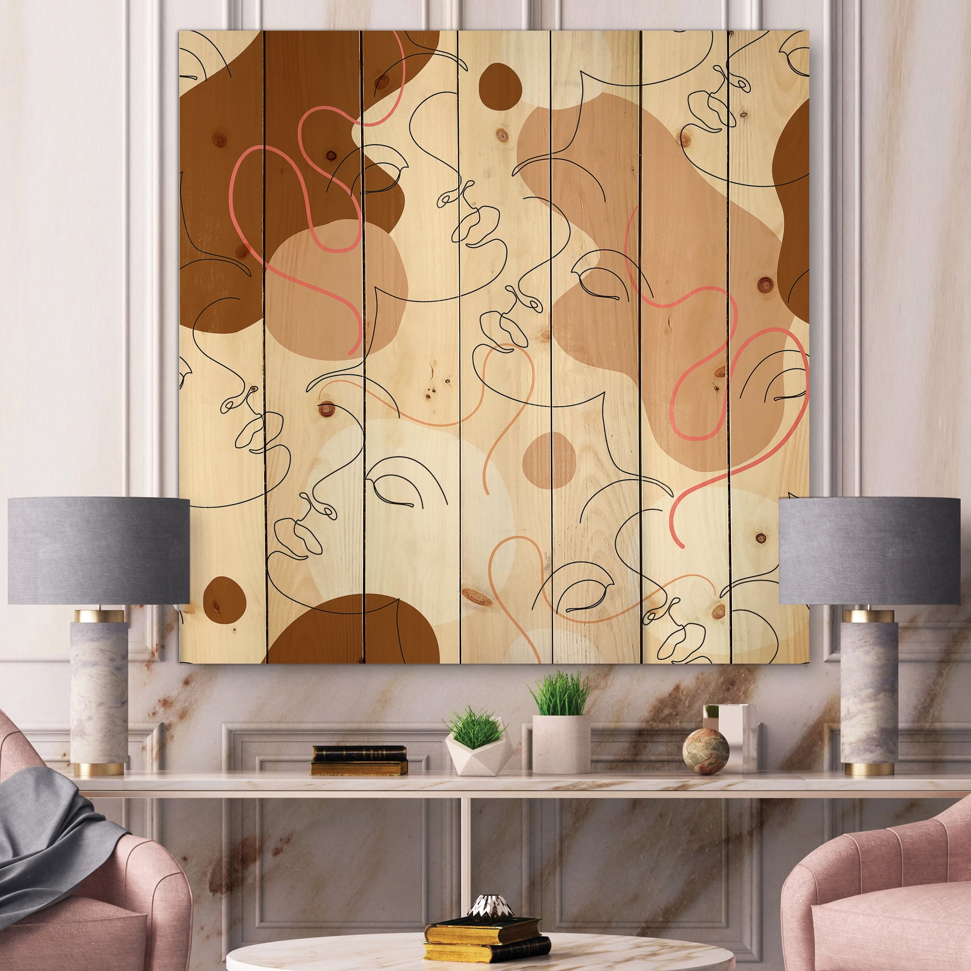Designart 'One Line Drawing Of Beautiful Girl' Modern Print on Natural Pine Wood