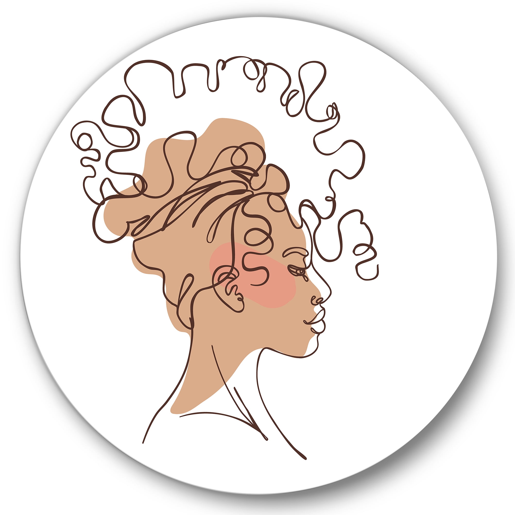 Designart 'One Line Portrait of Afro American Woman I' Modern Circle Metal Wall Art 11x11 - Disc of 11