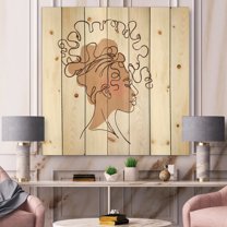 Designart 'One Line Portrait of Afro American Woman I' Modern Print on Natural Pine Wood