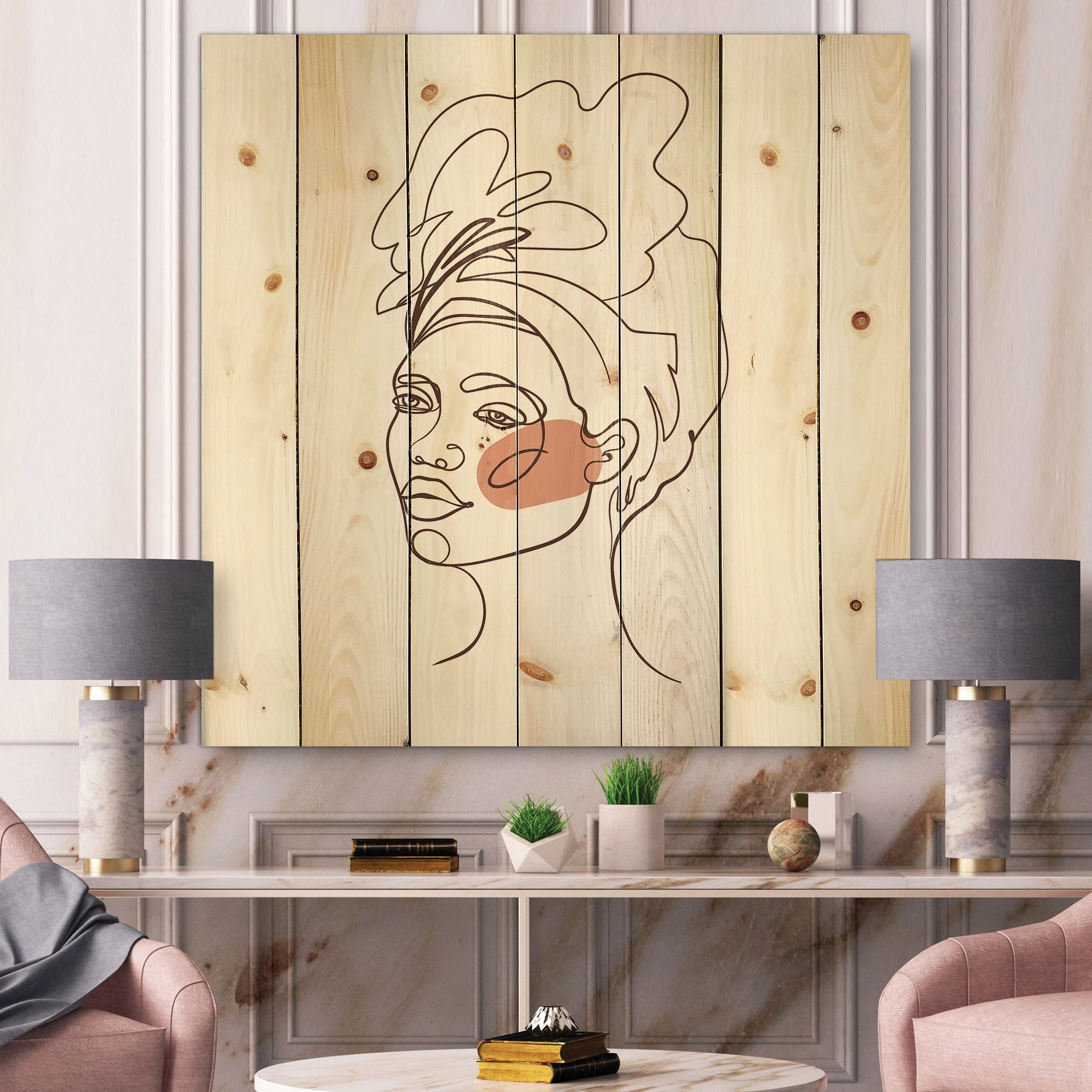 Designart 'One Line Portrait of Afro American Woman III' Modern Print on Natural Pine Wood