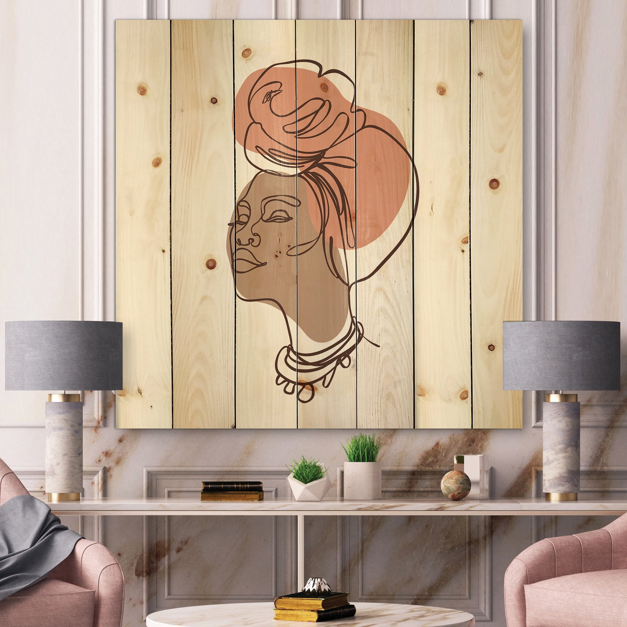 Designart 'One Line Portrait of Afro American Woman IV' Modern Print on Natural Pine Wood