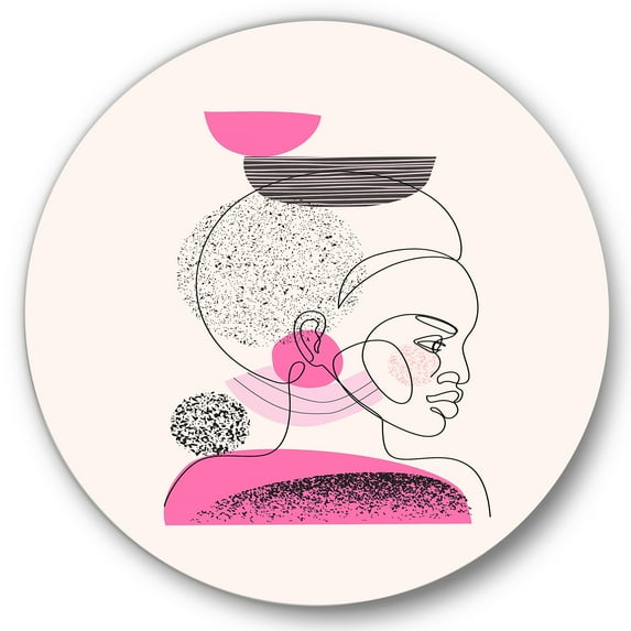 Designart 'One Line Portrait of Afro American Women V' Modern Circle Metal Wall Art 29x29 - Disc of 29