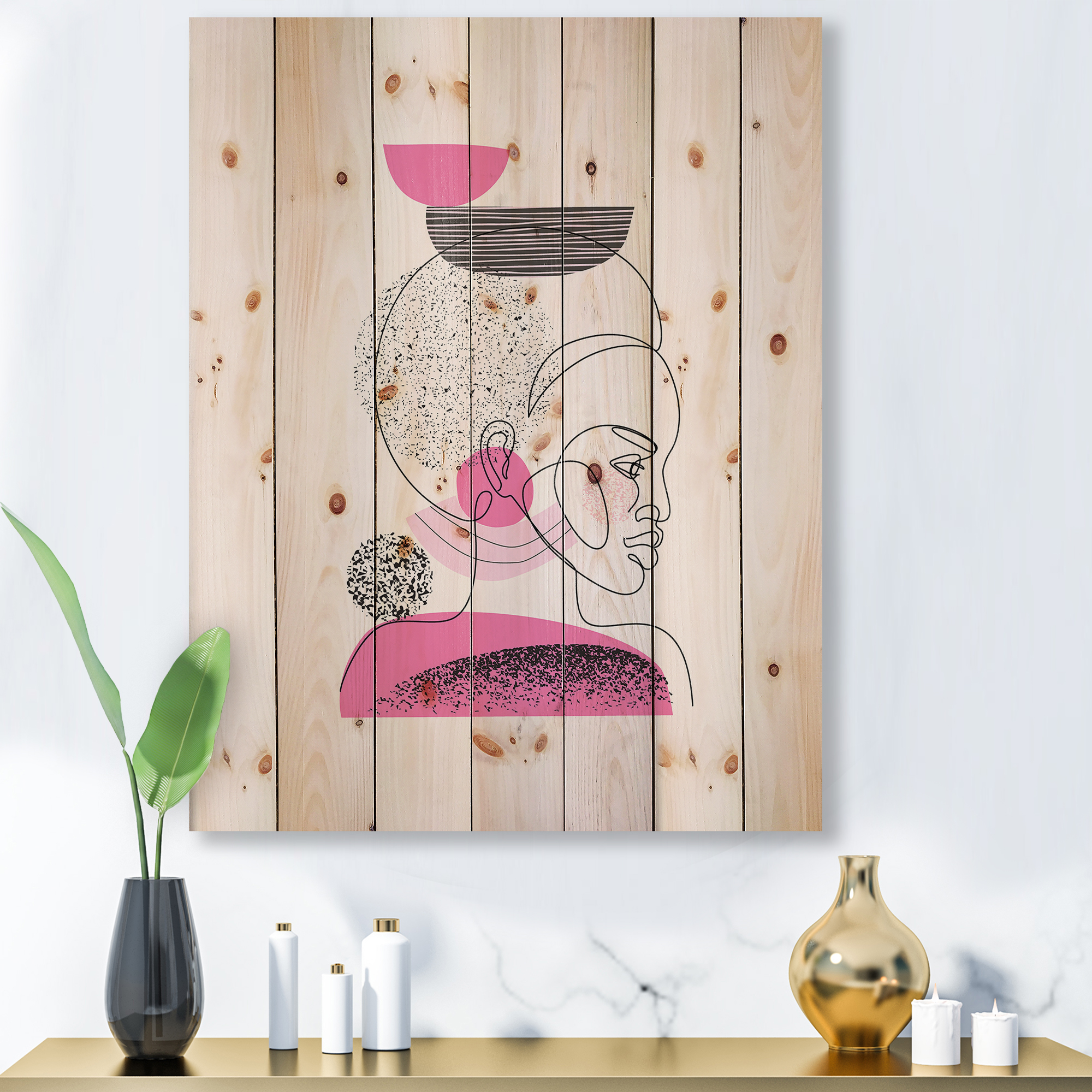 Designart 'One Line Portrait of Afro American Women V' Modern Print on Natural Pine Wood