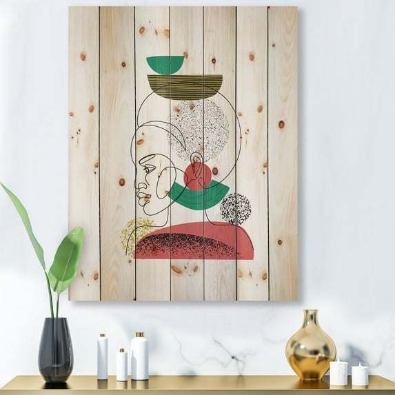 Designart 'One Line Portrait of Afro American Women VI' Modern Print on Natural Pine Wood