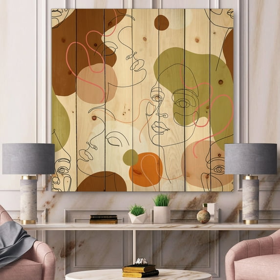 Designart 'One Line Portrait of Afro American Women VII' Modern Print on Natural Pine Wood