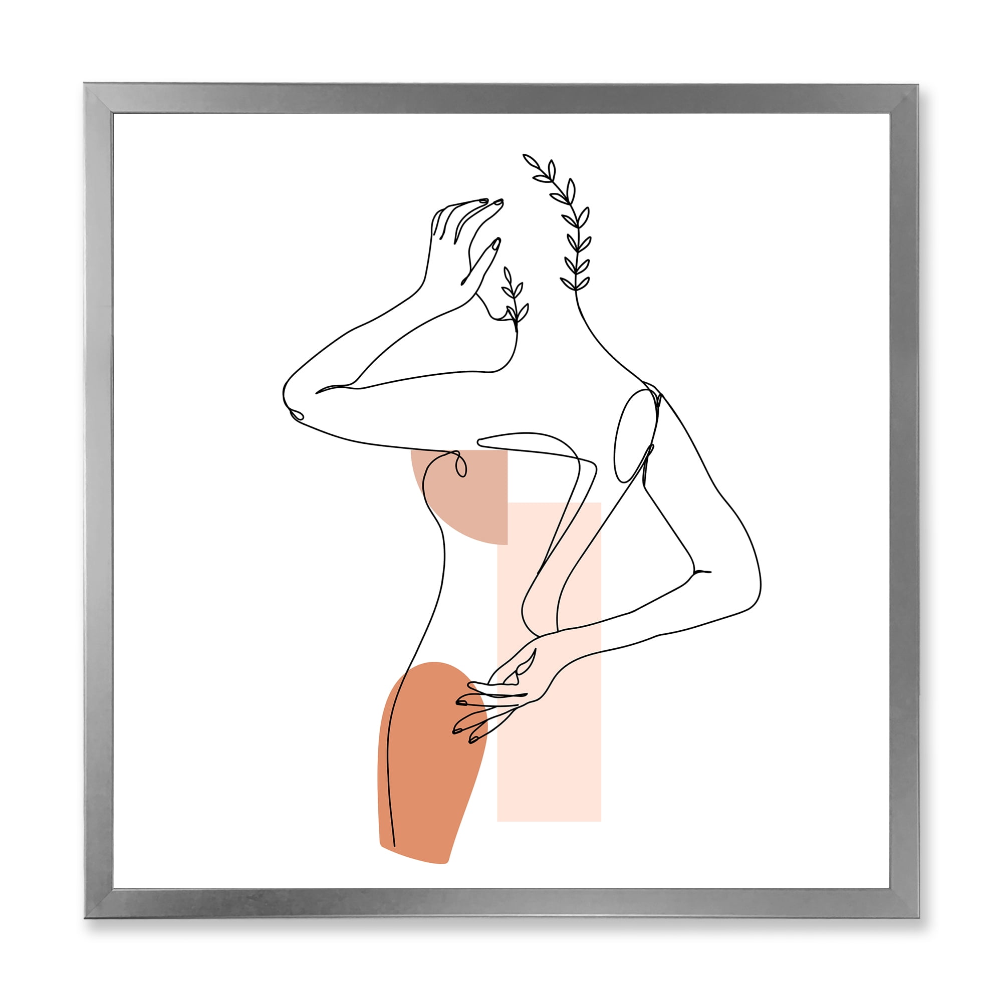 Designart 'One Line Woman Portrait With Shapes and Leaves II' Modern Framed Art Print