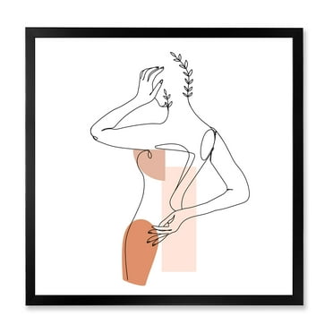 Designart 'One Line Woman Portrait With Shapes and Leaves II' Modern Framed Art Print