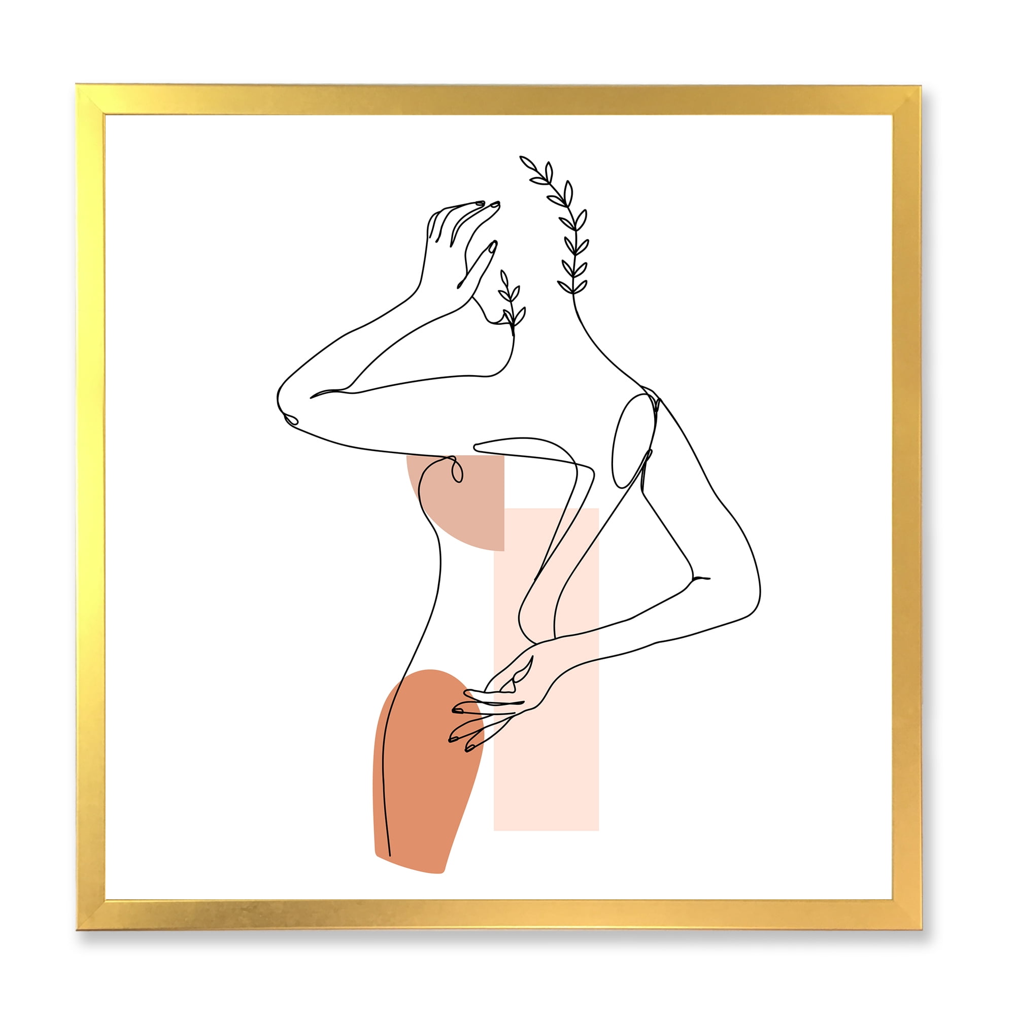 Designart 'One Line Woman Portrait With Shapes and Leaves II' Modern Framed Art Print