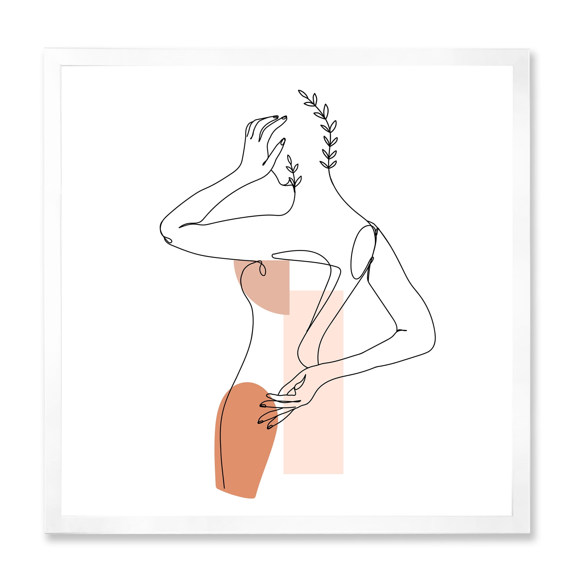 Designart 'One Line Woman Portrait With Shapes and Leaves II' Modern Framed Art Print