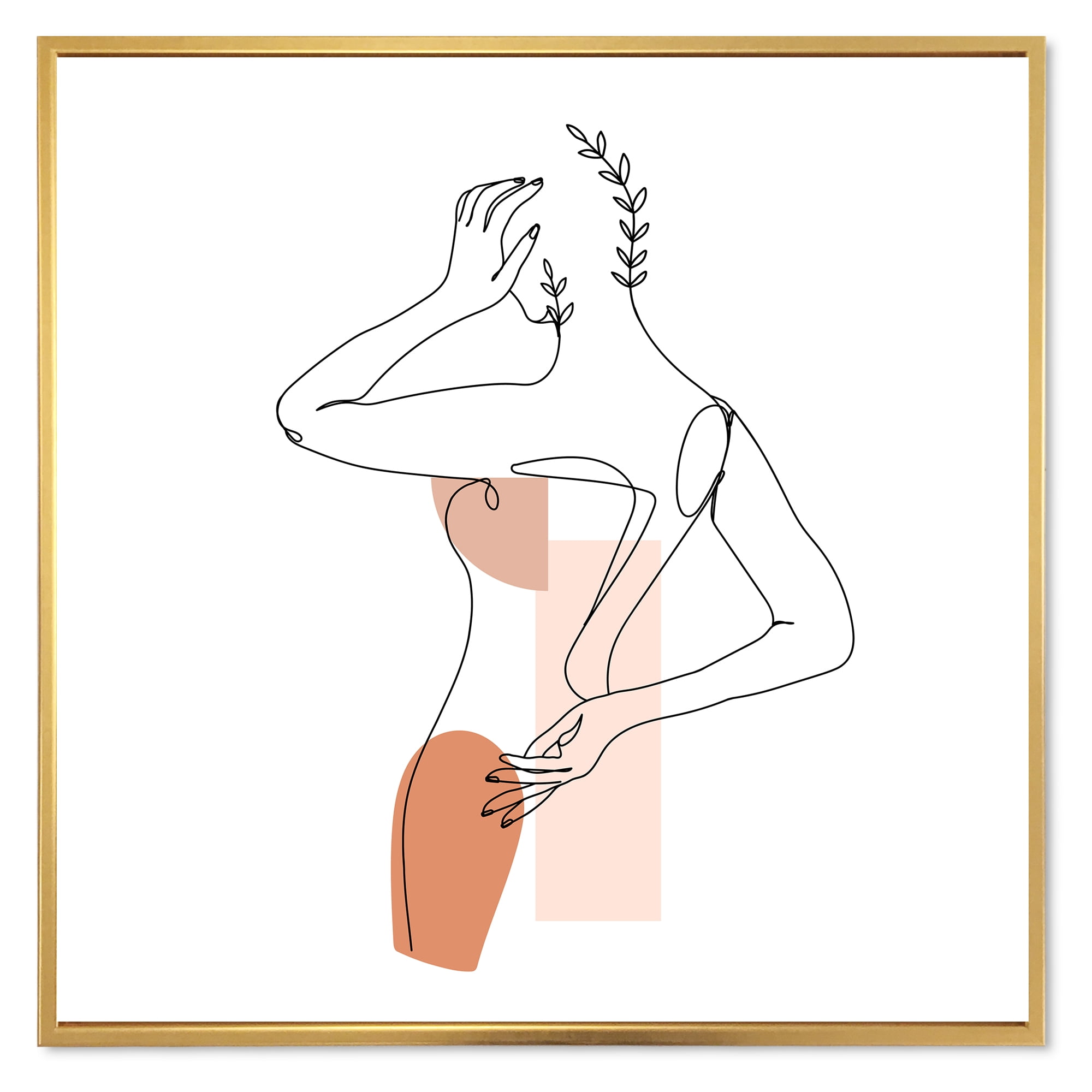 Designart 'One Line Woman Portrait With Shapes and Leaves II' Modern Framed Canvas Wall Art Print