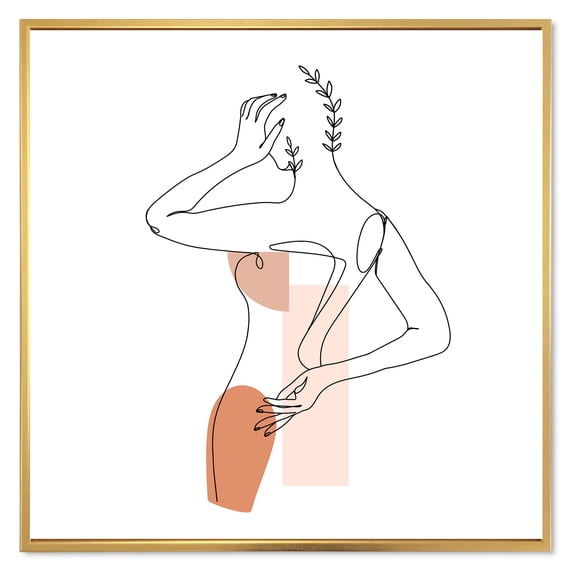 Designart 'One Line Woman Portrait With Shapes and Leaves II' Modern Framed Canvas Wall Art Print