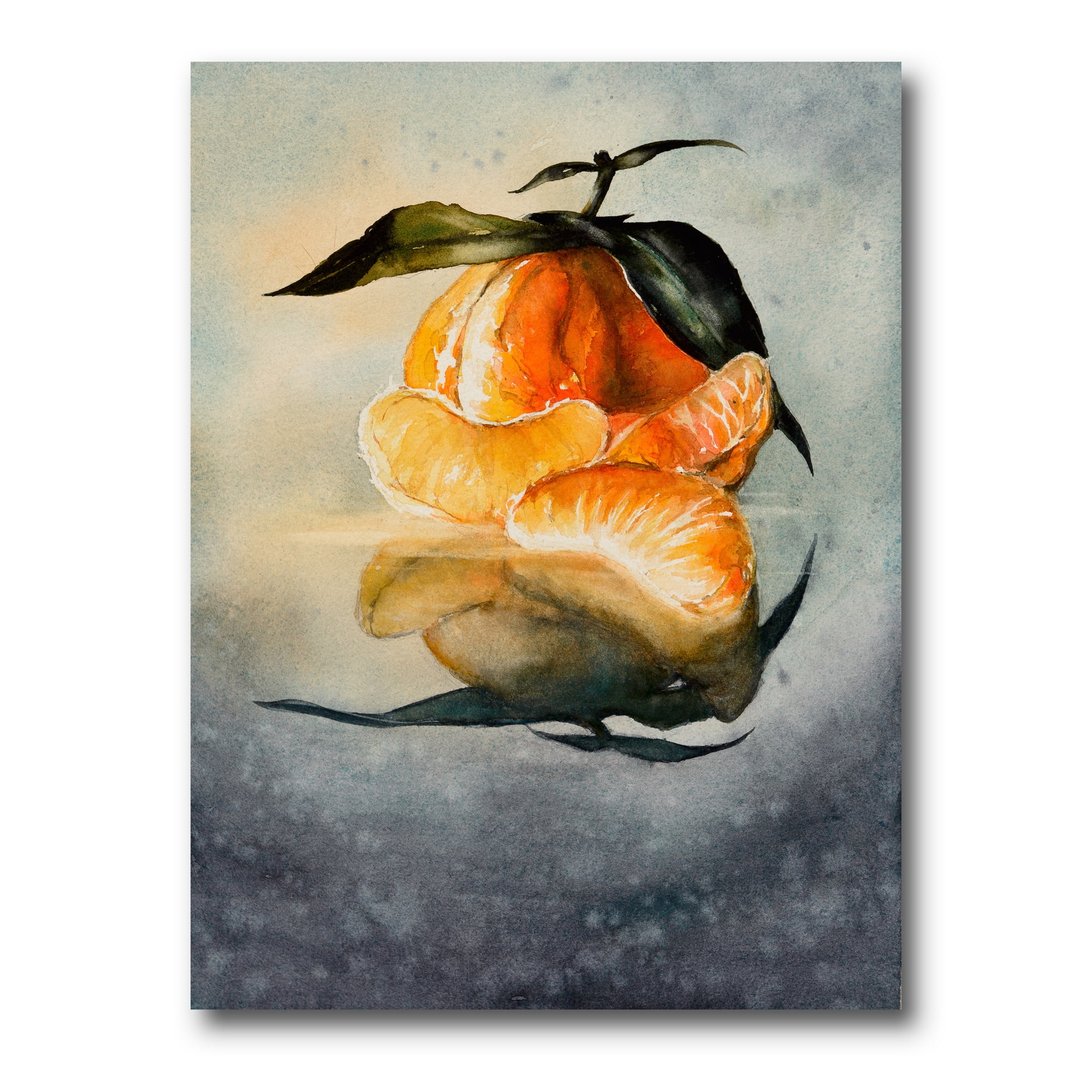 Designart ' One Peeled Fresh Orange Mandarin Under Green Leaves ' Traditional Canvas Wall Art Print