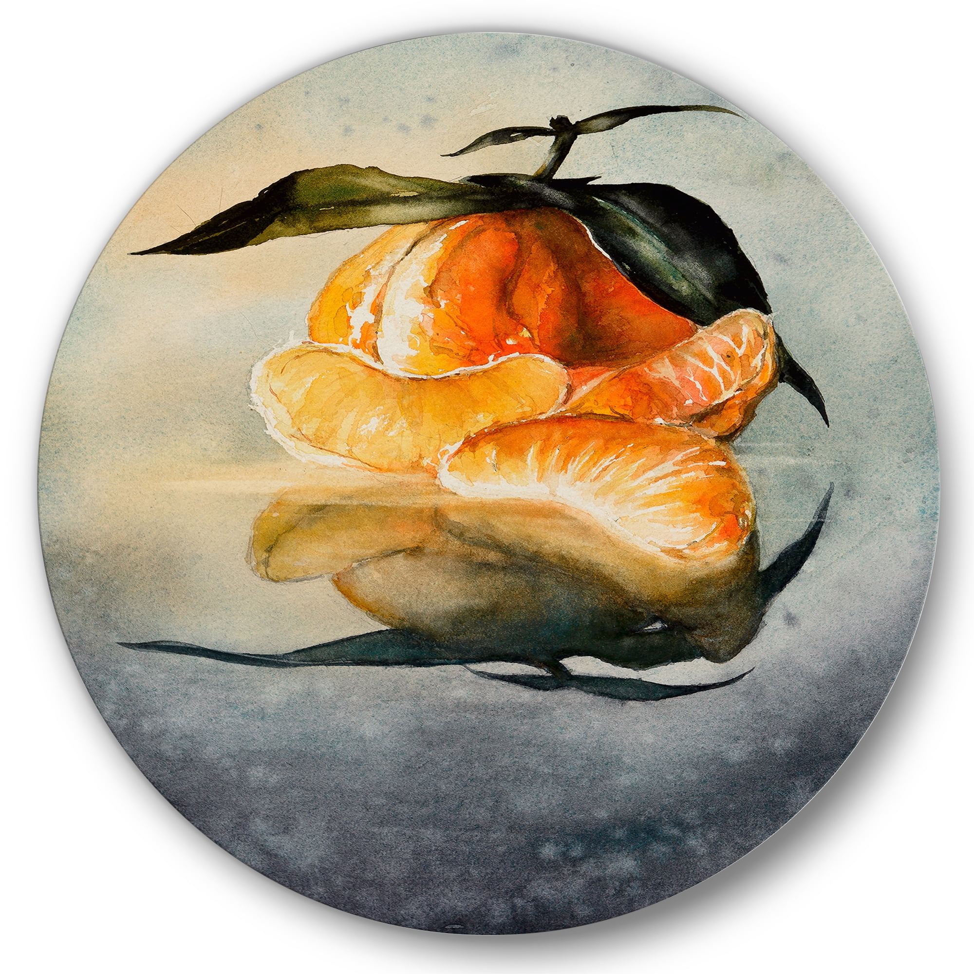 Designart 'One Peeled Fresh Orange Mandarin Under Green Leaves' Traditional Circle Metal Wall Art 29x29 - Disc of 29