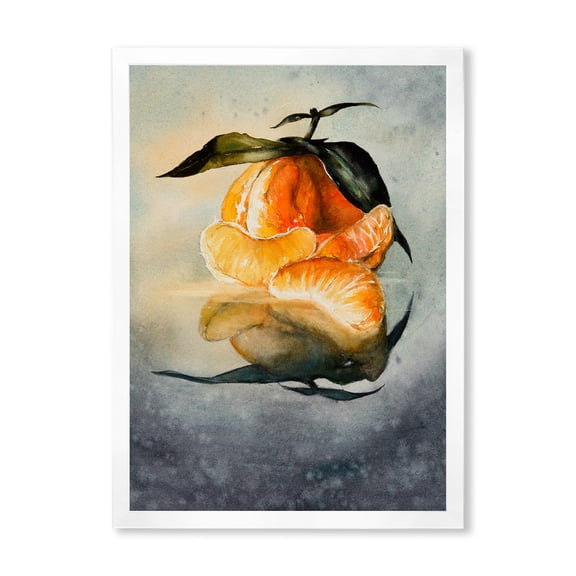 Designart 'One Peeled Fresh Orange Mandarin Under Green Leaves' Traditional Framed Art Print