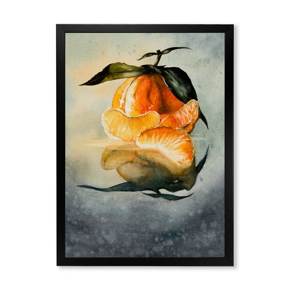 Designart 'One Peeled Fresh Orange Mandarin Under Green Leaves' Traditional Framed Art Print