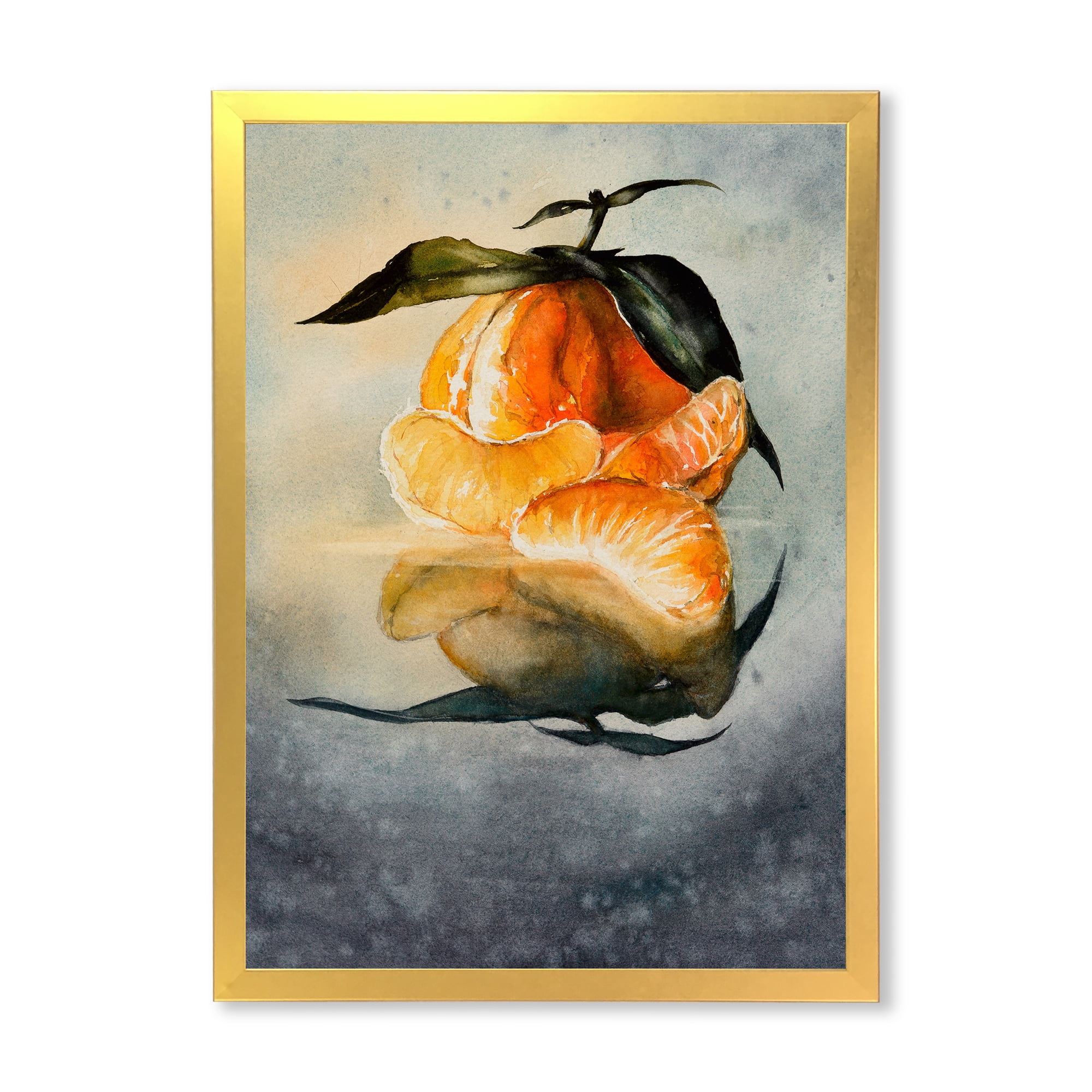 Designart 'One Peeled Fresh Orange Mandarin Under Green Leaves' Traditional Framed Art Print