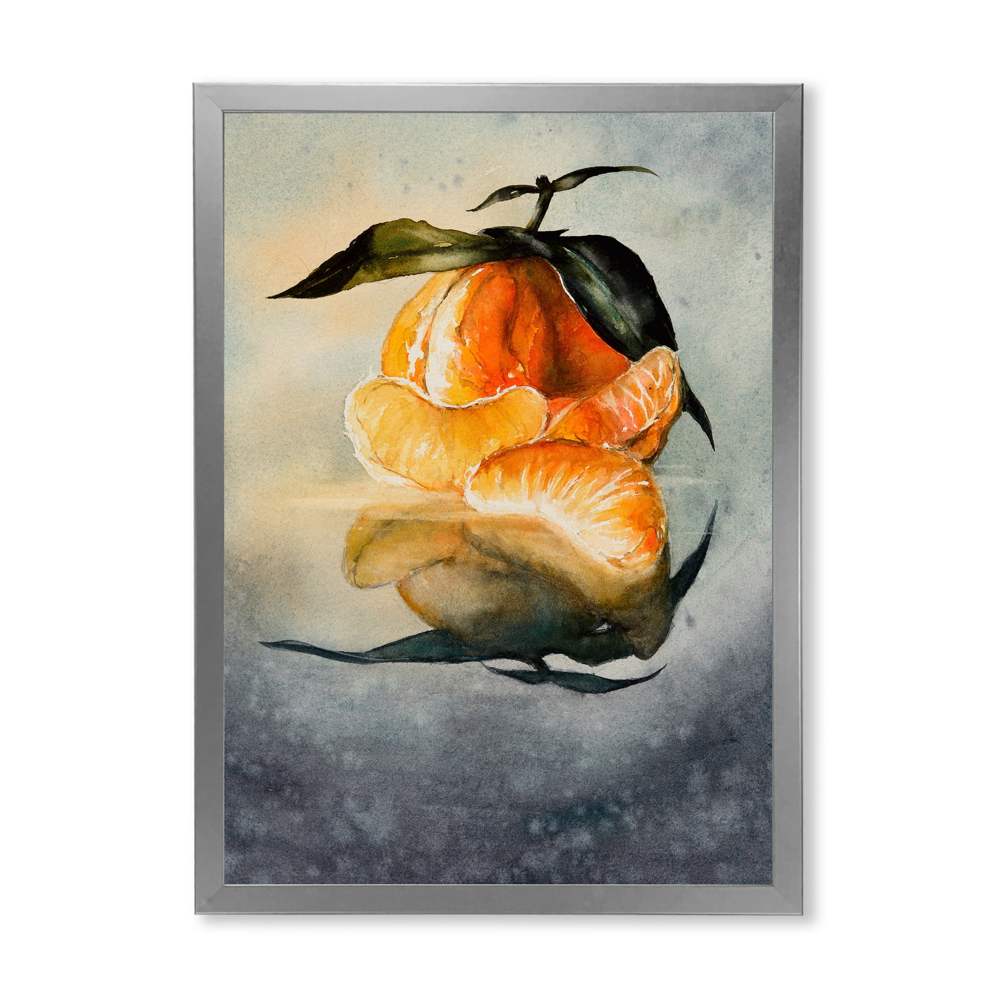 Designart 'One Peeled Fresh Orange Mandarin Under Green Leaves' Traditional Framed Art Print