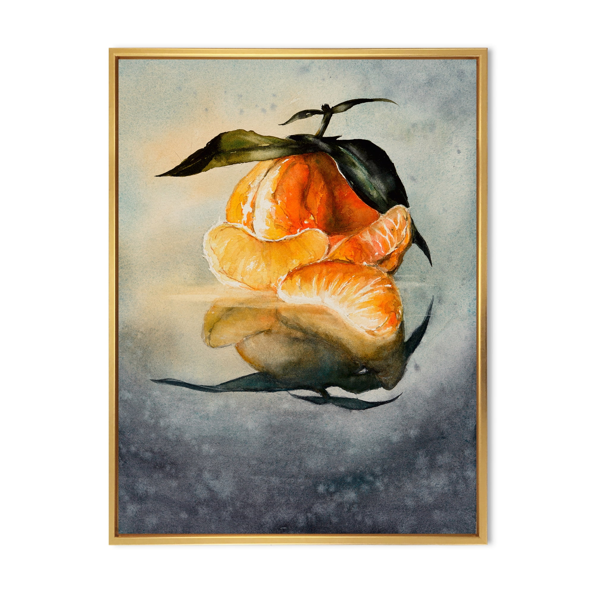 Designart 'One Peeled Fresh Orange Mandarin Under Green Leaves' Traditional Framed Canvas Wall Art Print