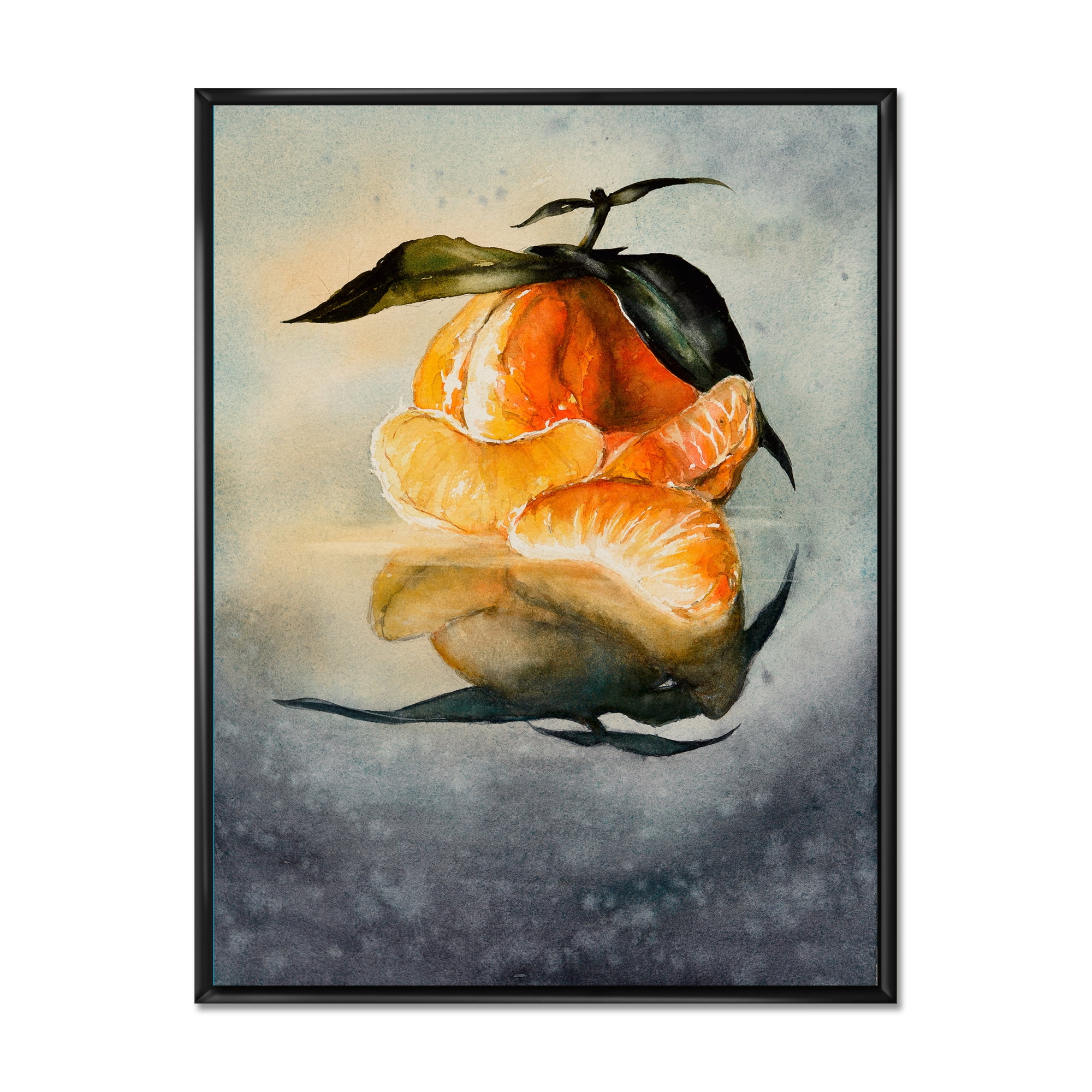 Designart 'One Peeled Fresh Orange Mandarin Under Green Leaves' Traditional Framed Canvas Wall Art Print