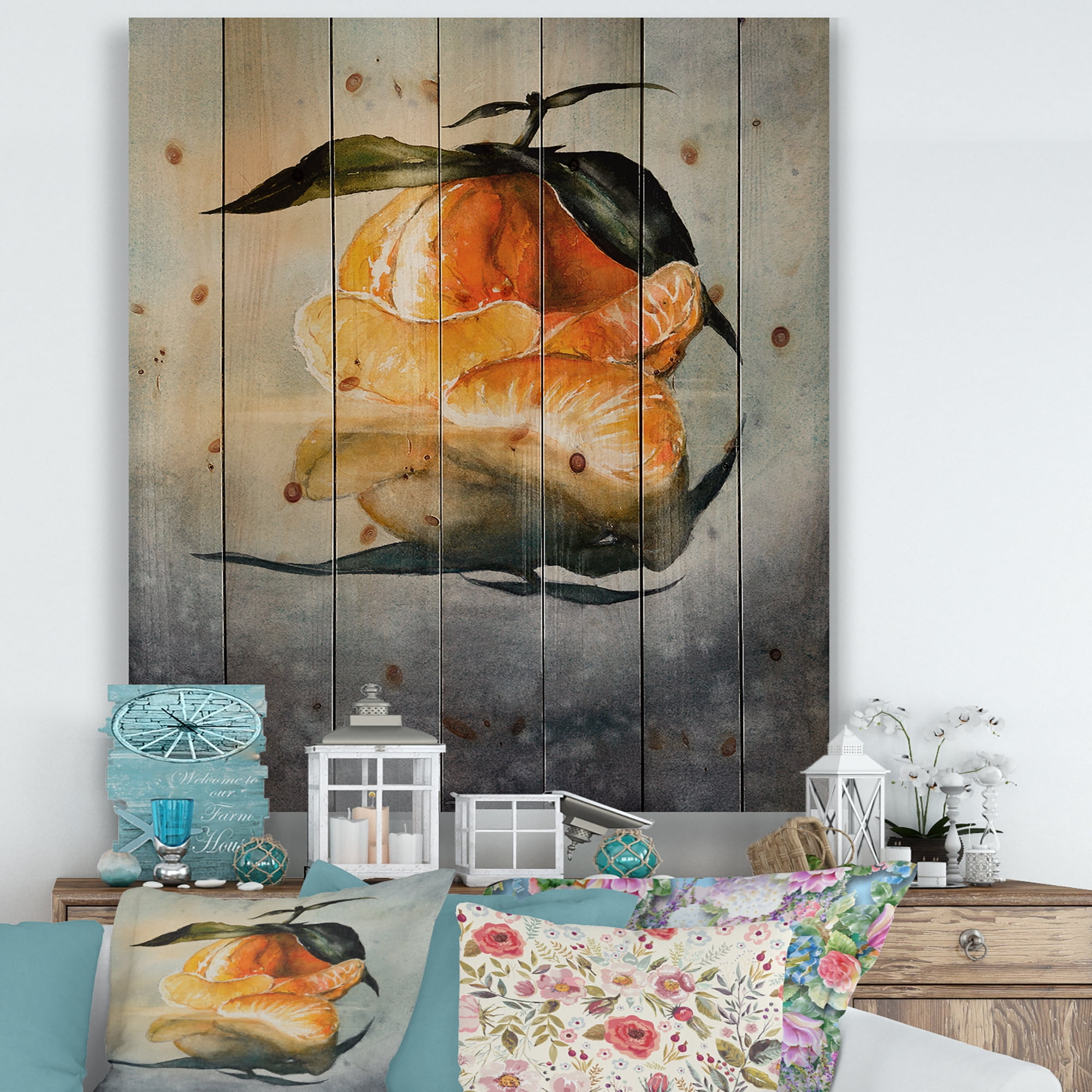 Designart 'One Peeled Fresh Orange Mandarin Under Green Leaves' Traditional Print on Natural Pine Wood