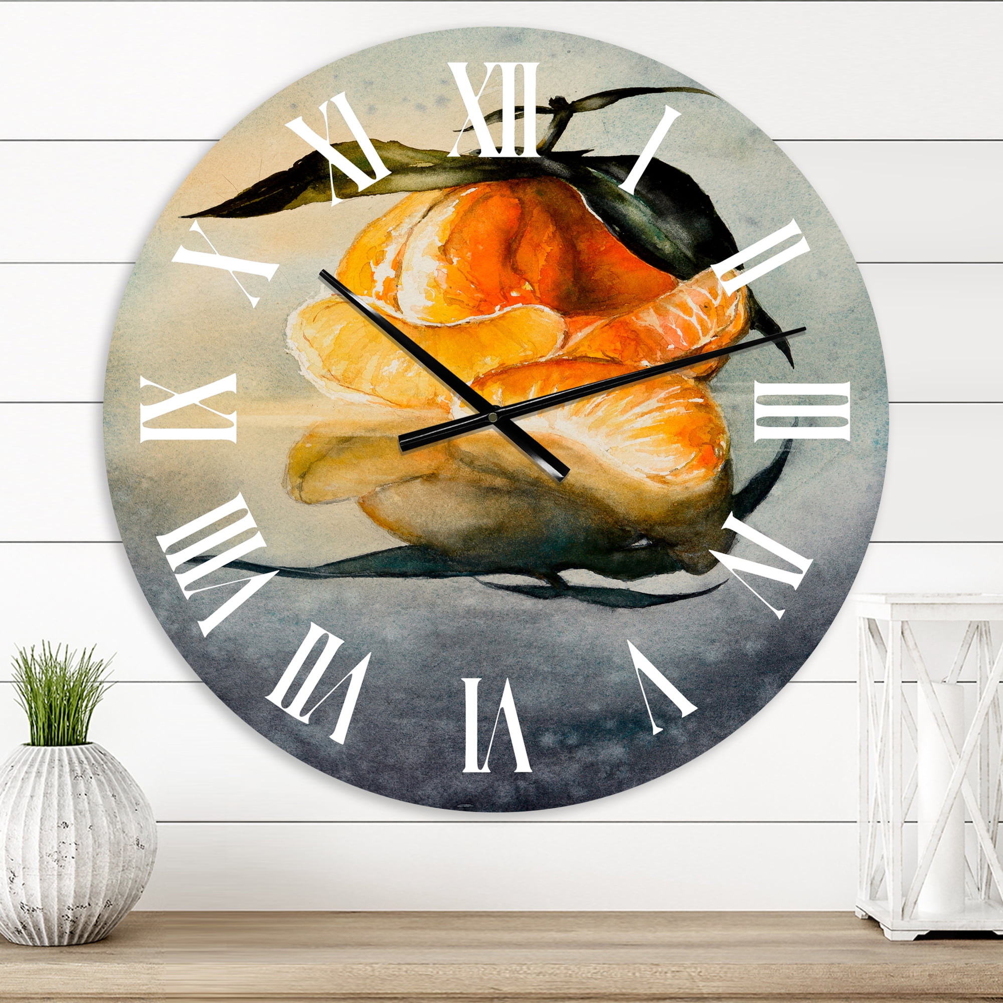 Designart 'One Peeled Fresh Orange Mandarin With Green Leaves' Traditional Wall Clock
