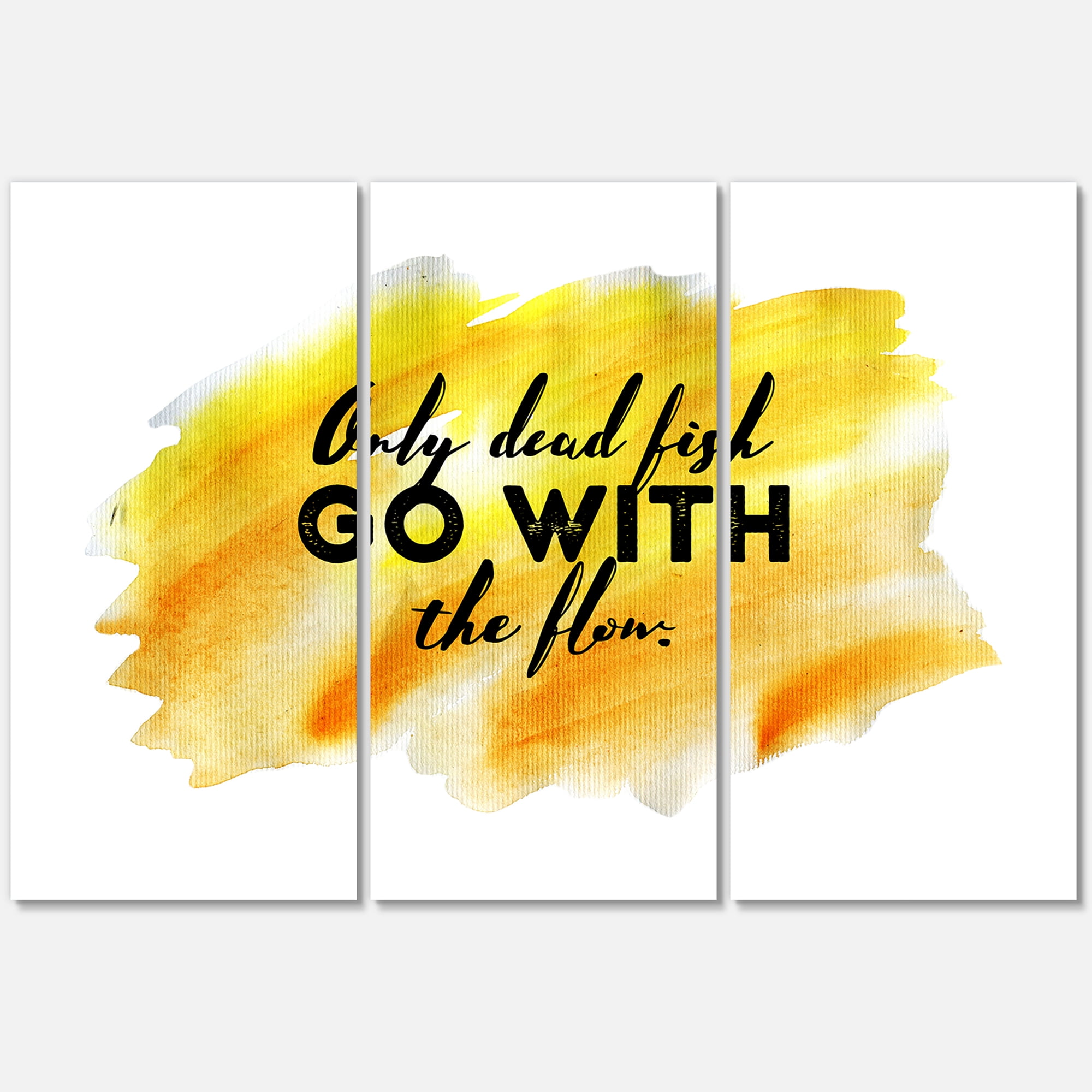 Designart ' Only Dead Fish Go With The Flow On Yellow Strokes ' Modern Canvas Wall Art Print