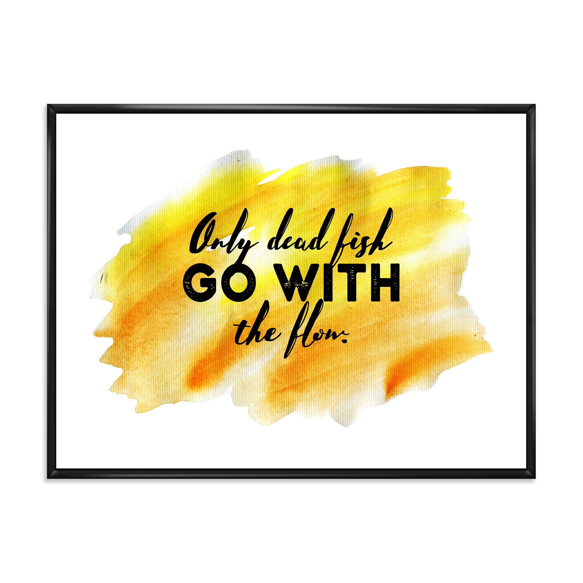Designart 'Only Dead Fish Go With The Flow On Yellow Strokes' Modern Framed Canvas Wall Art Print