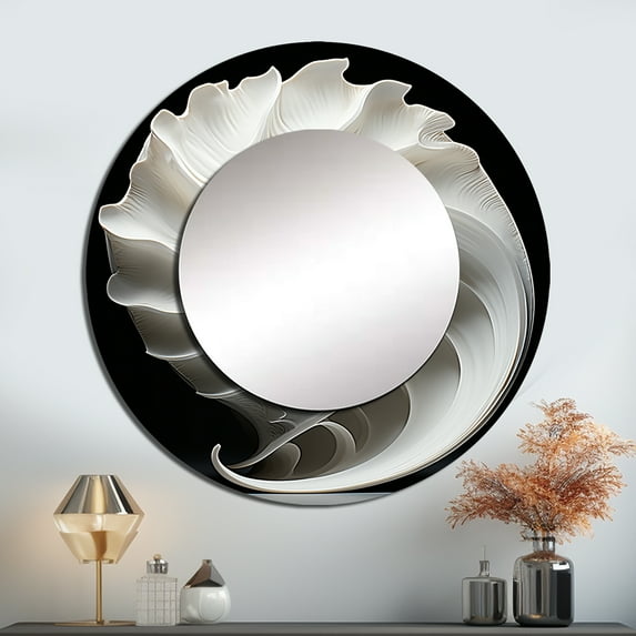 Designart "Onyx Ocean Passage In Black And White" Nautilus White Large Round Mirror - Round Bedroom Mirror Wall Decor - Modern Round Printed Mirror - 36" x 36"