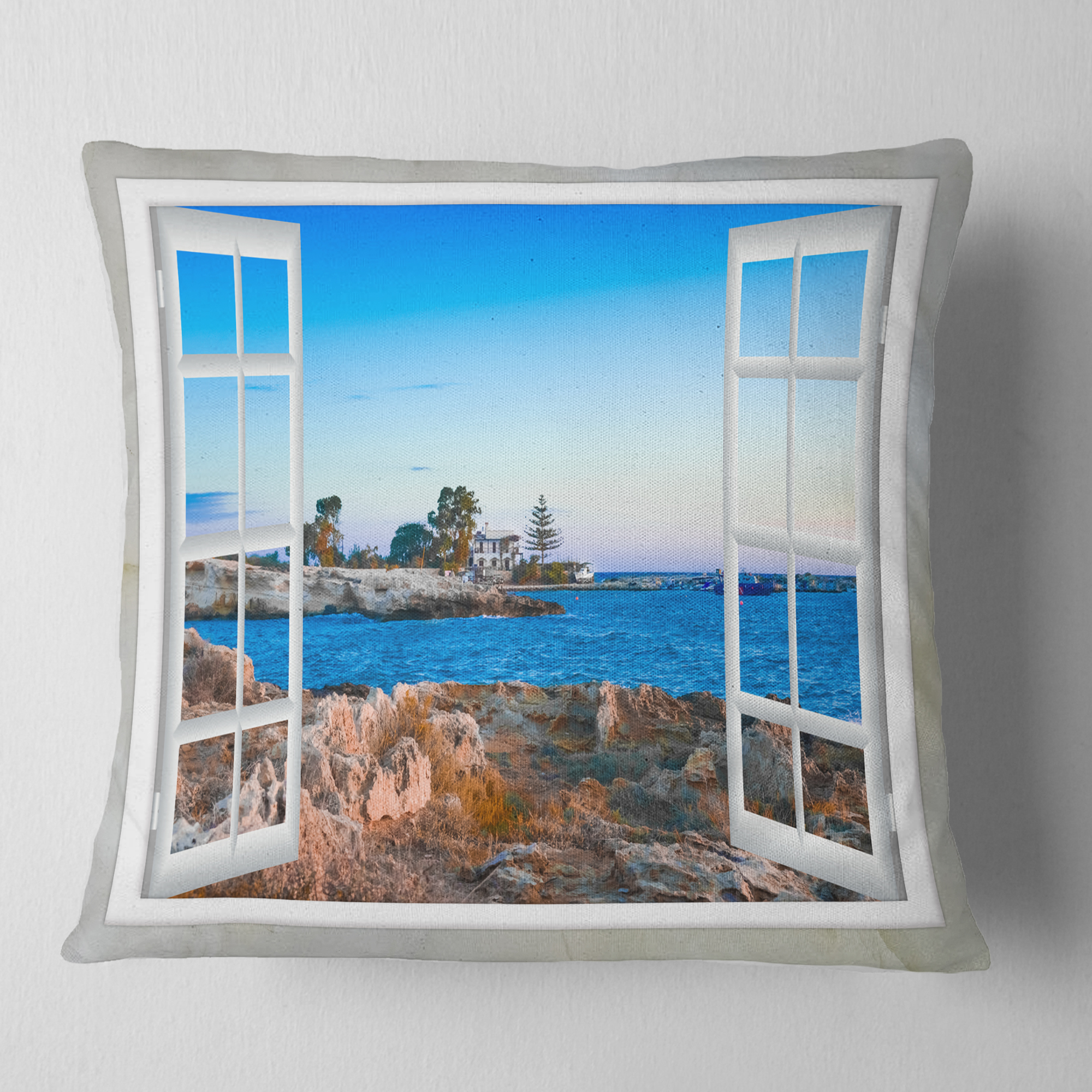 Designart Open Window to Blue Seashore - Landscape Wall Throw Pillow - 18x18