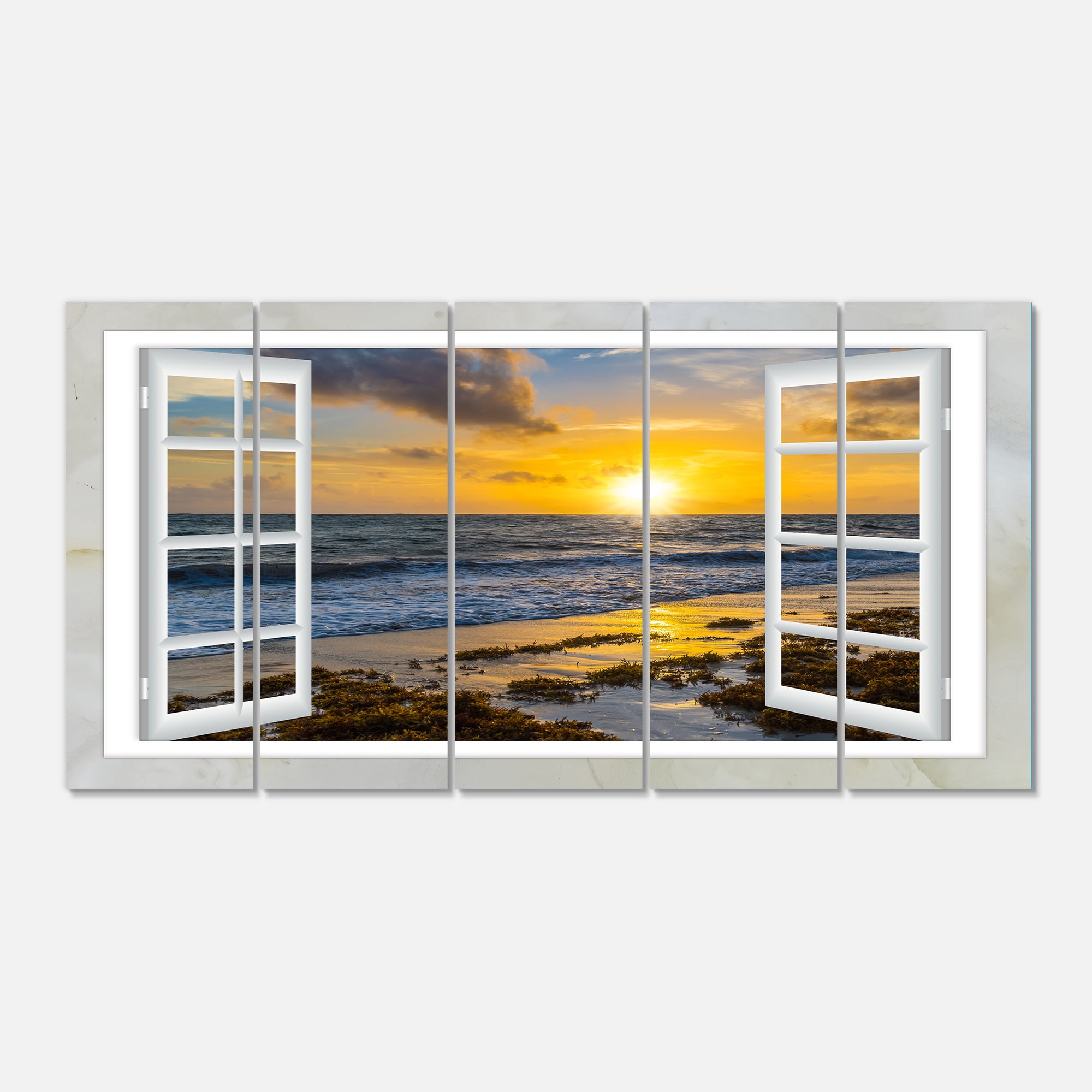 Designart 'Open Window to Bright Yellow Sunset ' Modern Seascape Canvas Artwork