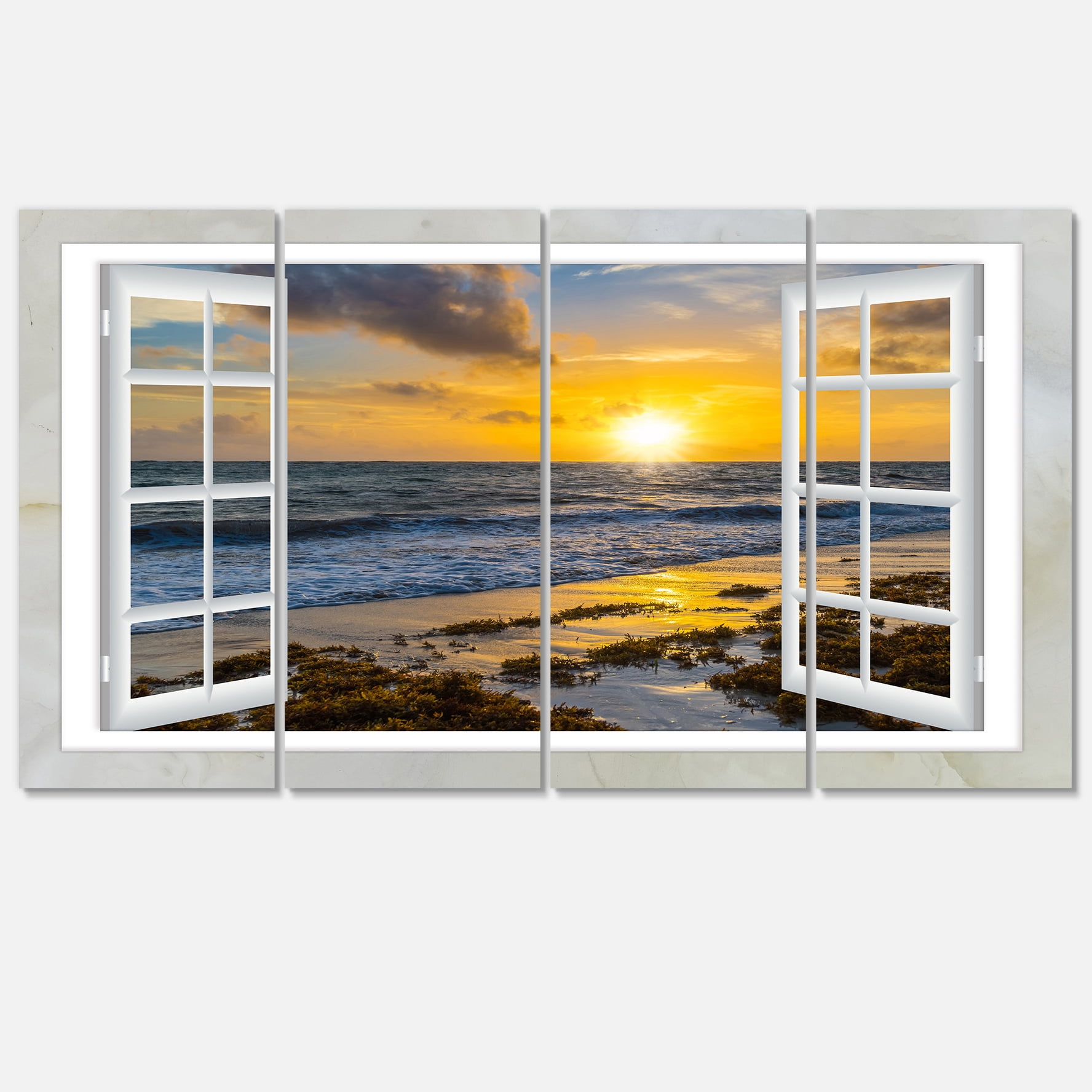 Designart 'Open Window to Bright Yellow Sunset ' Modern Seascape Canvas Artwork