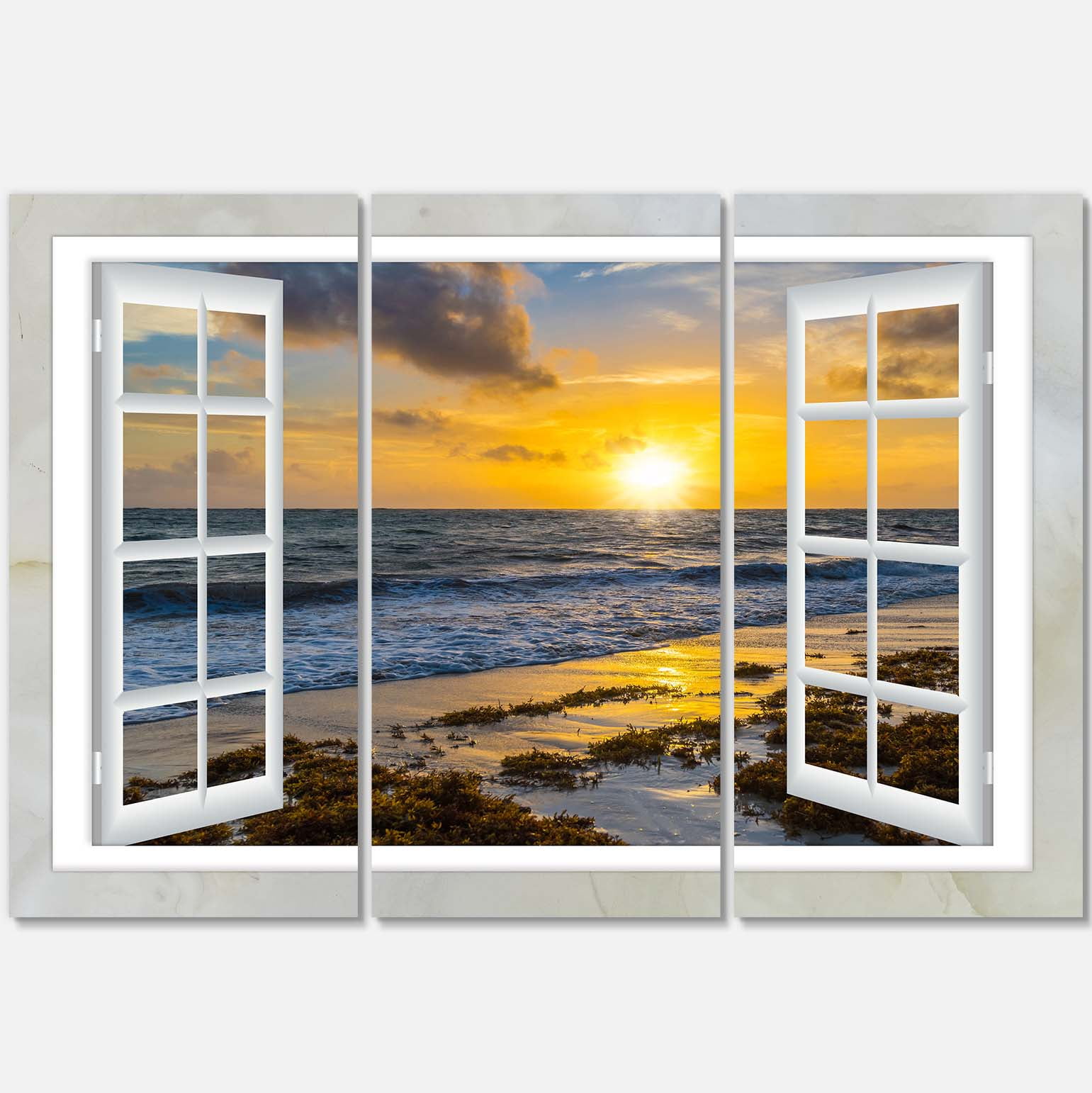 Designart 'Open Window to Bright Yellow Sunset ' Modern Seascape Canvas Artwork