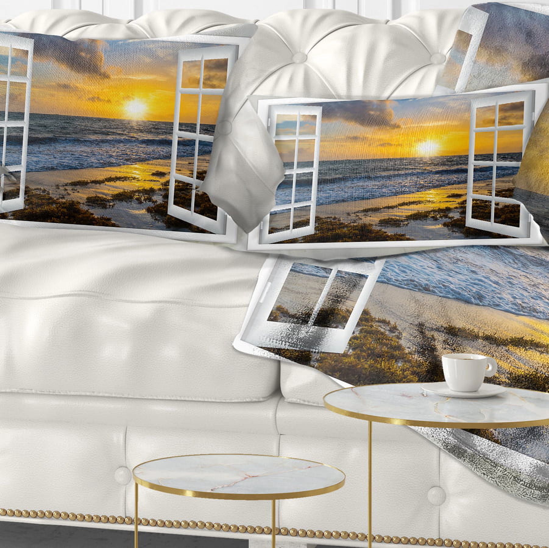Designart Open Window to Bright Yellow Sunset - Modern Seascape Throw Pillow - 12x20