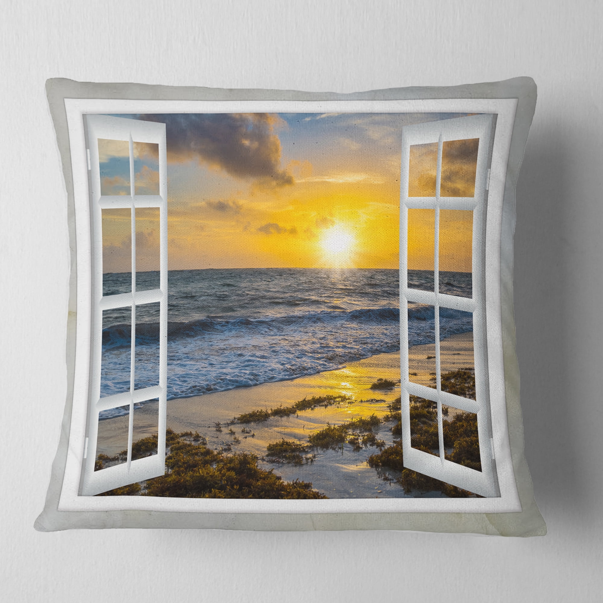 Designart Open Window to Bright Yellow Sunset - Modern Seascape Throw Pillow - 18x18