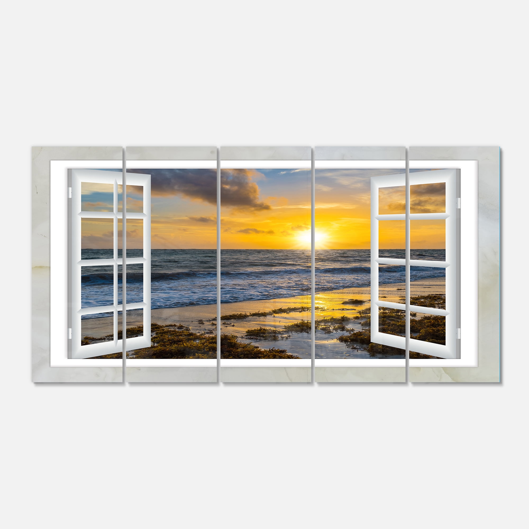 Designart 'Open Window to Bright Yellow Sunset ' Multipanel Modern Seascape Extra Large Metal Wall Art