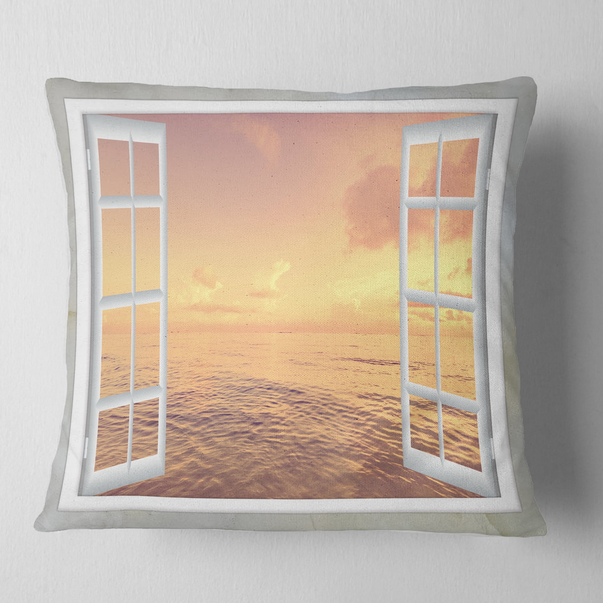 Designart Open Window to Brown Seashore - Seashore Throw Pillow - 18x18