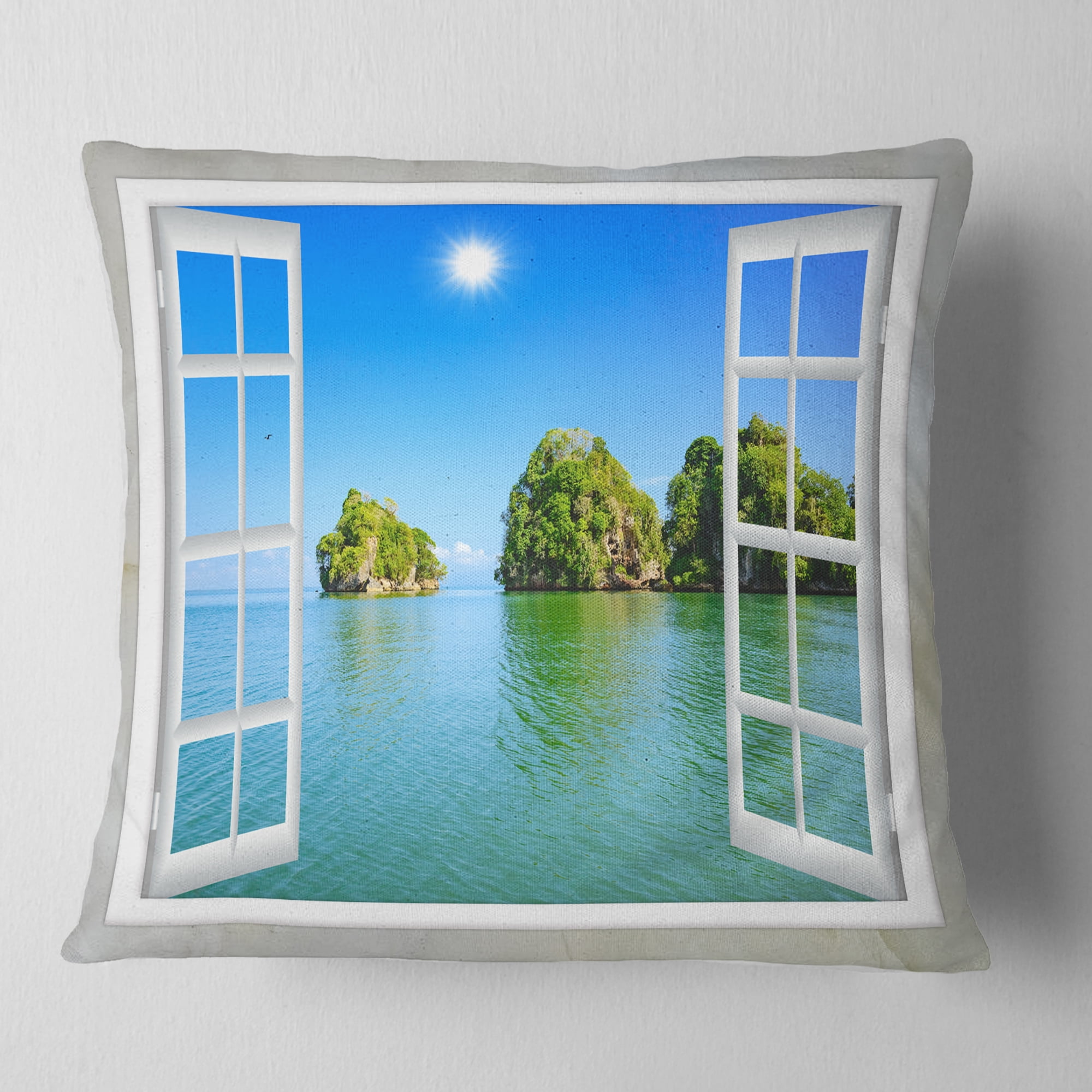 Designart Open Window to Ocean Islets - Landscape Wall Throw Pillow - 18x18