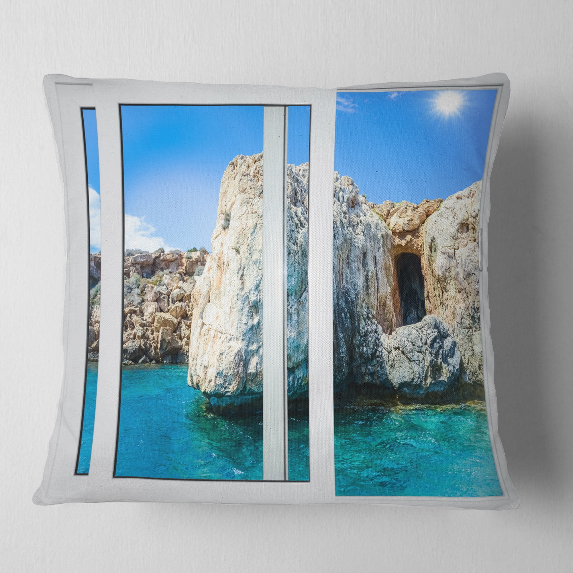 Designart Open Window to Rocky Sunny Ocean - Seashore Throw Pillow - 18x18