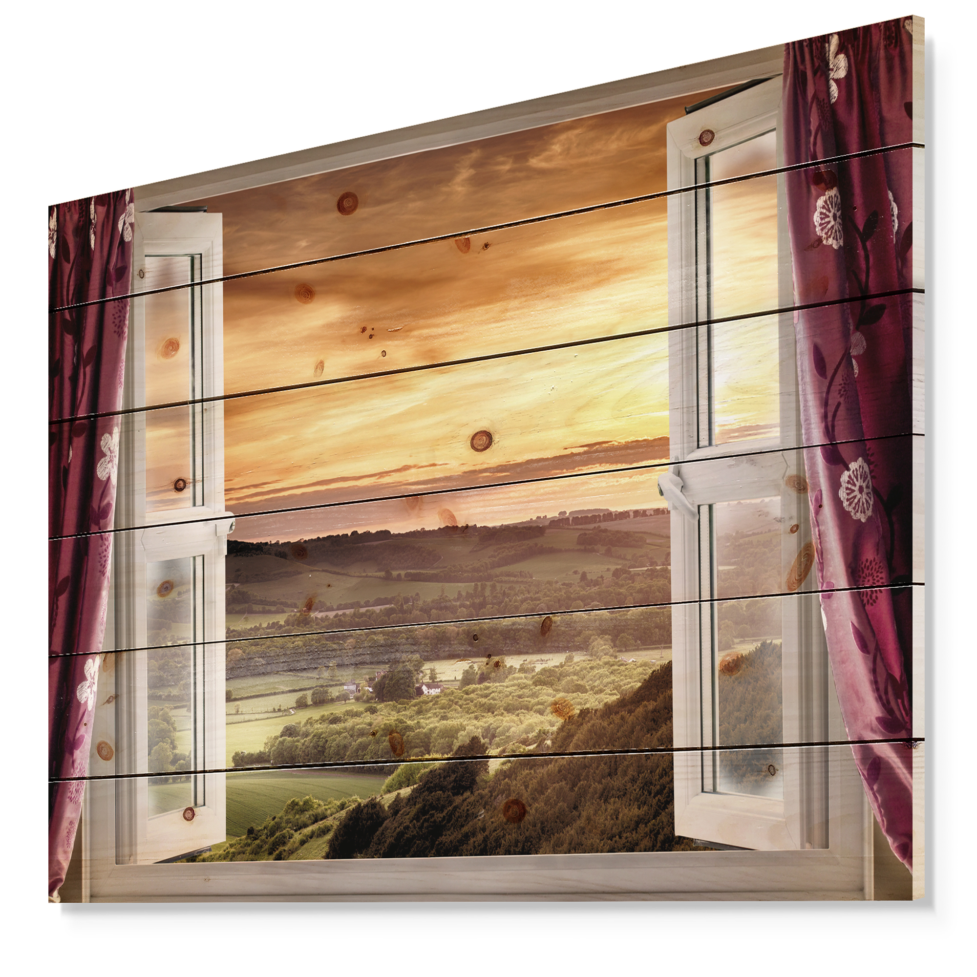 Designart 'Open Window to Rural Sunset Landscape' Contemporary Print on Natural Pine Wood