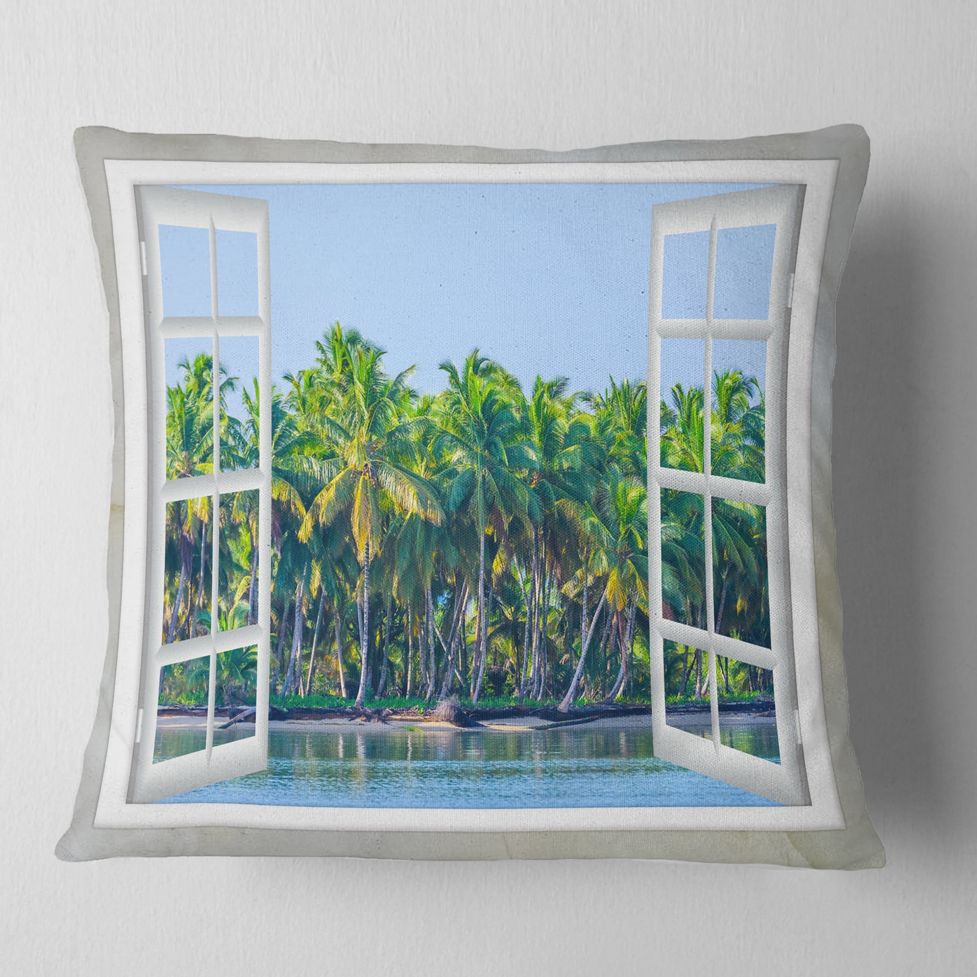 Designart Open Window to Seashore Palms - Seashore Throw Pillow - 18x18