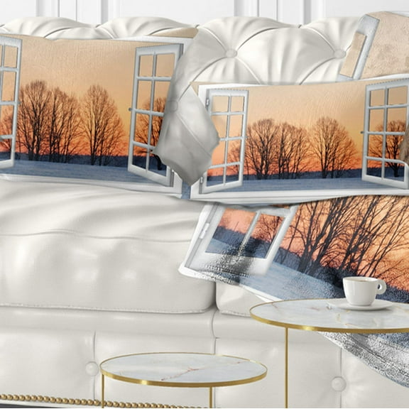 Designart Open Window to Snowy Sunset - Landscape Printed Throw Pillow - 12x20